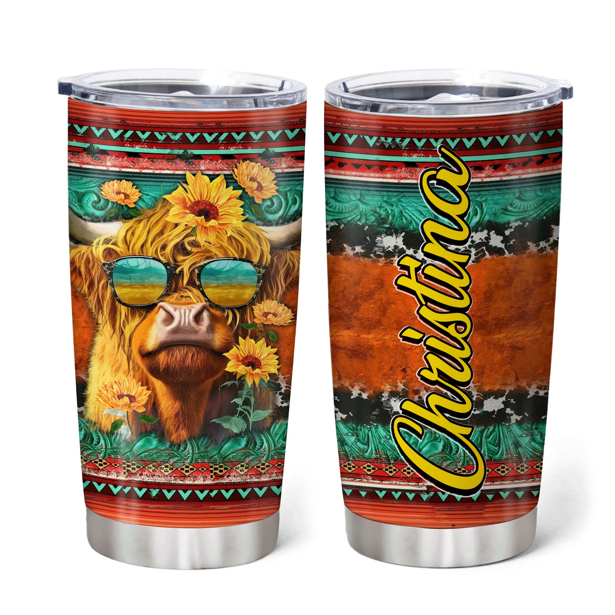 Hyturtle Personalized Gifts For Highland Cow Lover - Highland Cow Customized Name Stainless Steel Tumbler 20oz With Lid - Idea Farm Animals Lover Gifts For Women, Girl, kids On Birthday, Christmas