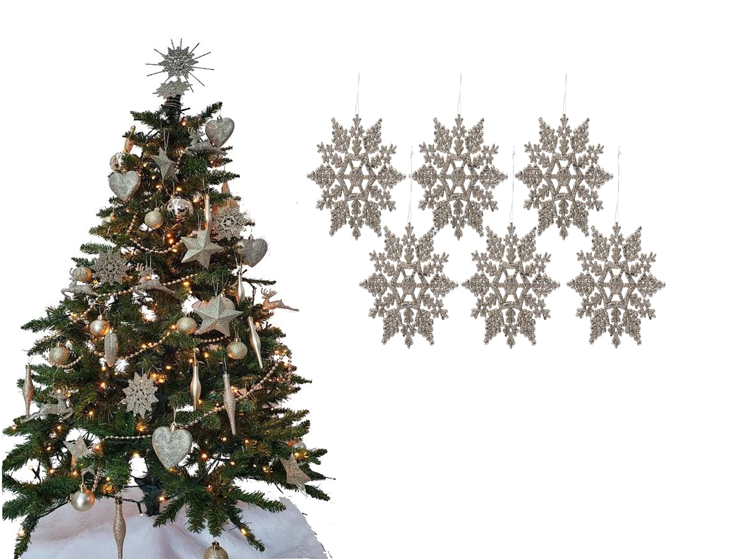 Simply Products Champagne (Gold) Pack Of 6-10Cm Glitter Hanging Decoration, Snowflakes Christmas Tree Decorations (Champagne Gold)