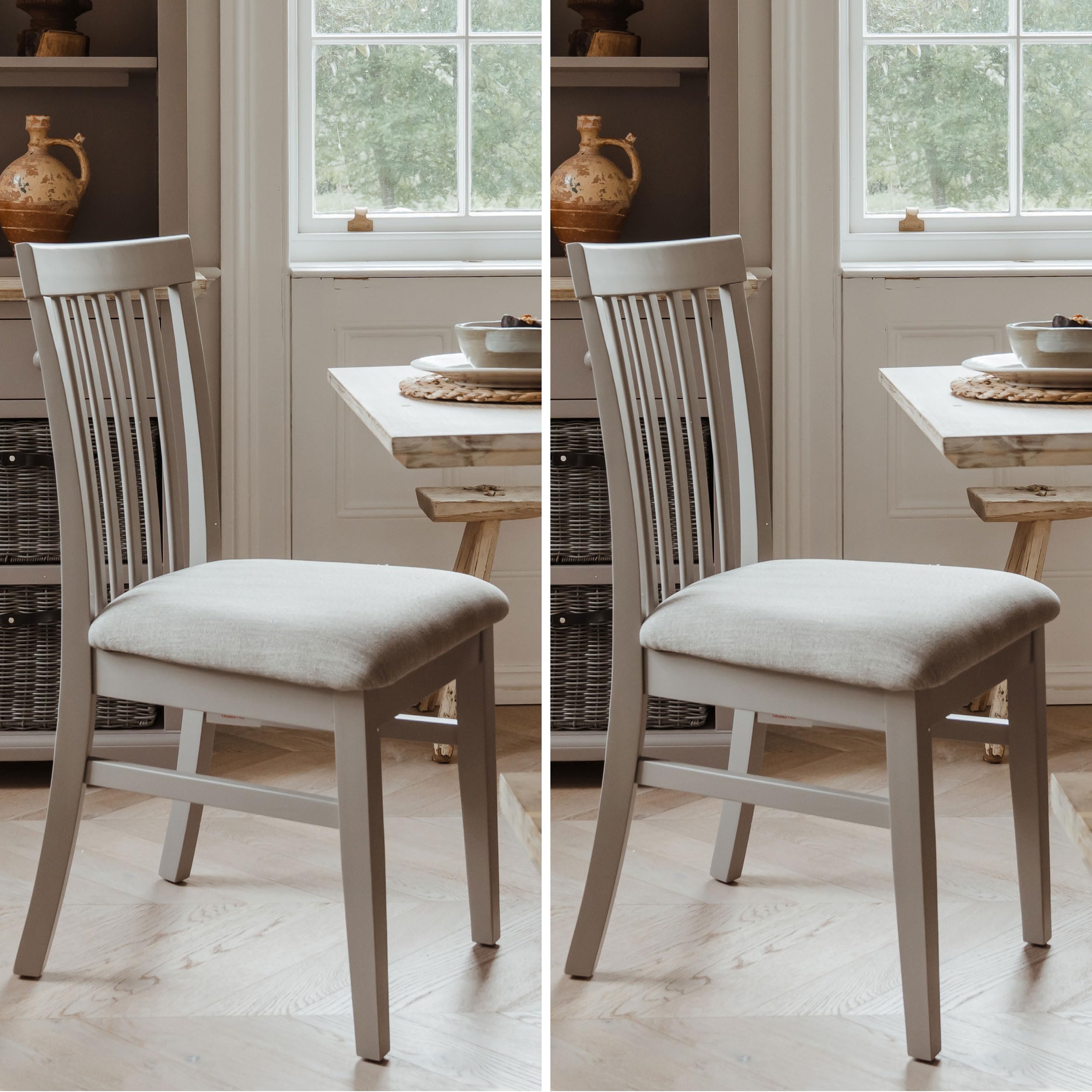 Statement Furniture Set of 2 Florence Wooden Dining Chairs with Upholstered Seat, Dove Grey, High Back, W45cm, H94cm, D53cm, Seat Height 45cm