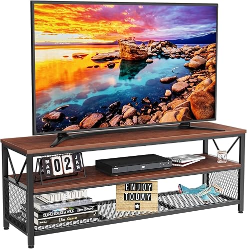 NOBLEWELL Soporte de TV para TV de hasta 60 pulgadas, centro de entretenimiento de madera de 3 niveles, mueble de TV con almacenamiento para sala de