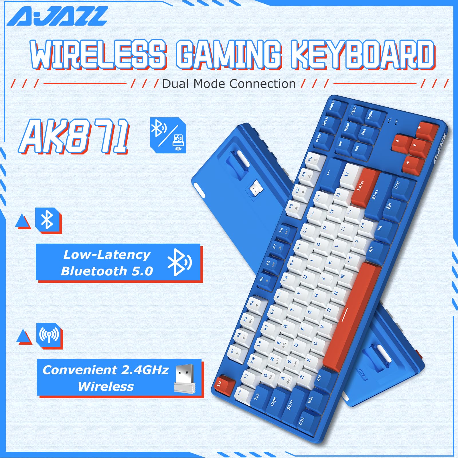 A.JAZZ AK871 Tastiera da Gioco Wireless 75%, Dual-Mode Bluetooth/2,4 Ghz, Tastiera Meccanica TKL 80% con Interruttore Rosso Linear Hot-Swappable, Compatti 87 Tasti, Senza Backlit per Win/Mac - Blu