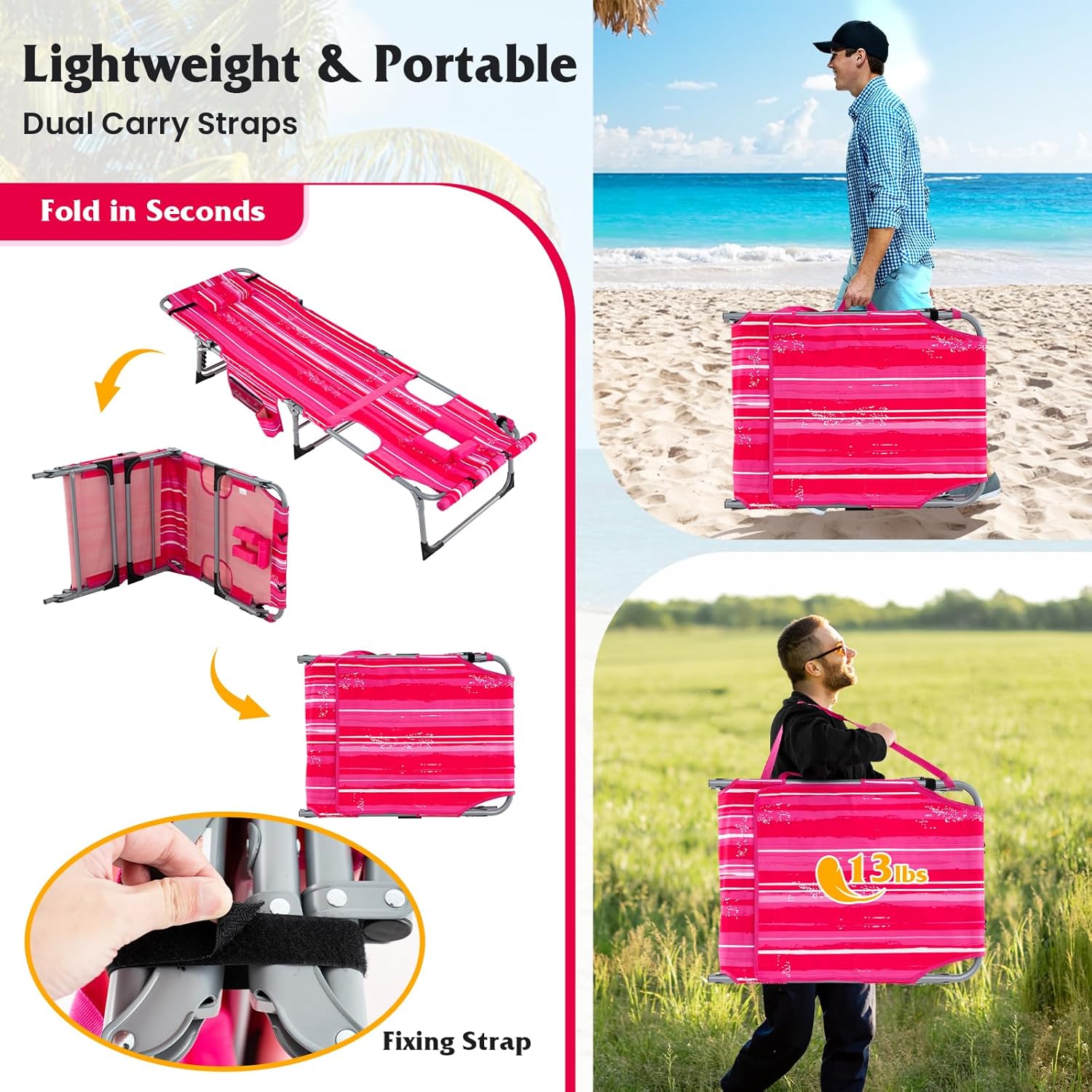 GYMAX Tanning Chair, 330LBS Beach Lounge w/Face Arm Hole & Shoulder Strap, Folding Layout Sunbath Chair, Face Down Outdoor Chaise Lounger for Patio, Poolside, Lawn, Backyard (1, Pink Stripe)