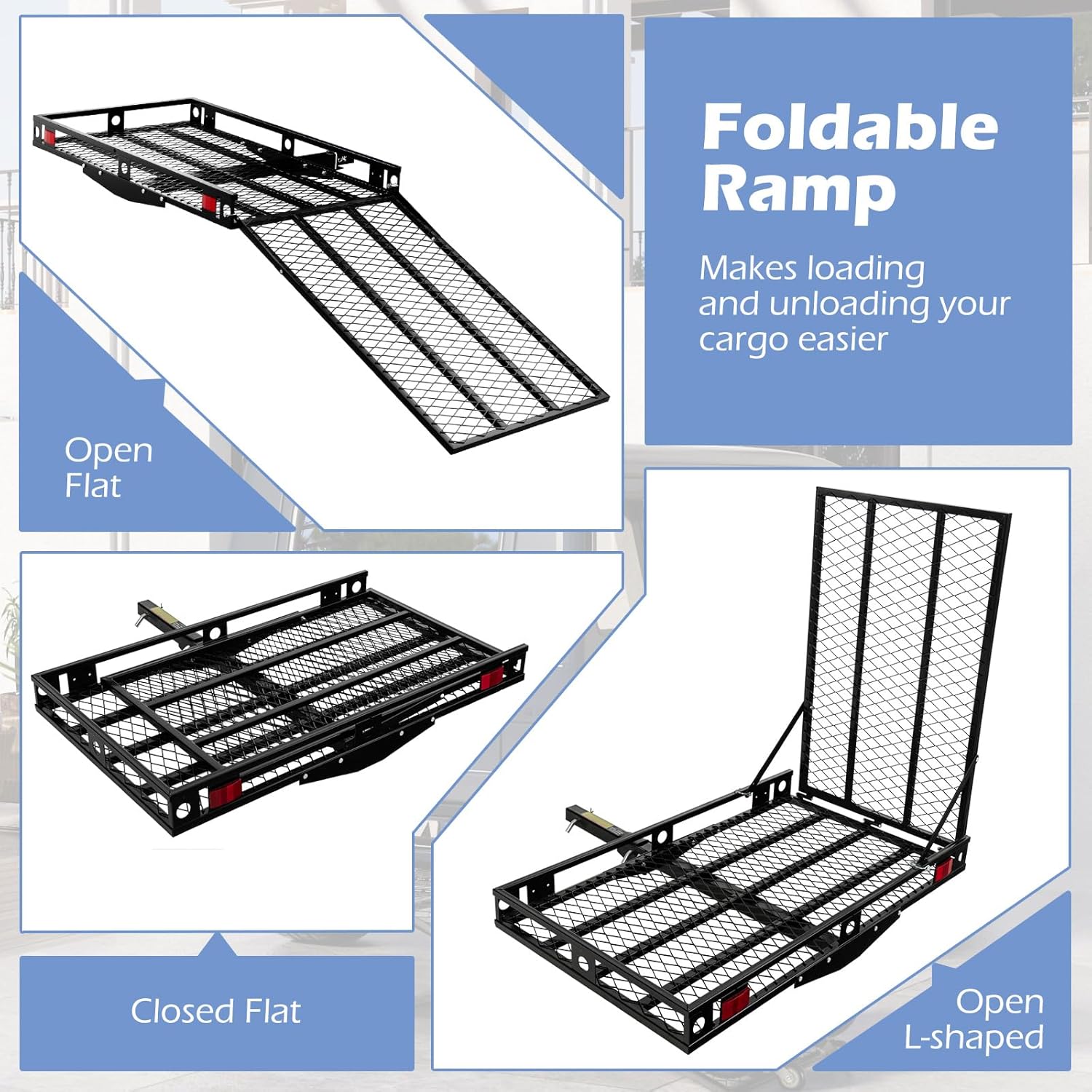 Three views of the Goplus carrier: ramp open flat, carrier closed flat, and carrier open L-shaped with ramp upright.