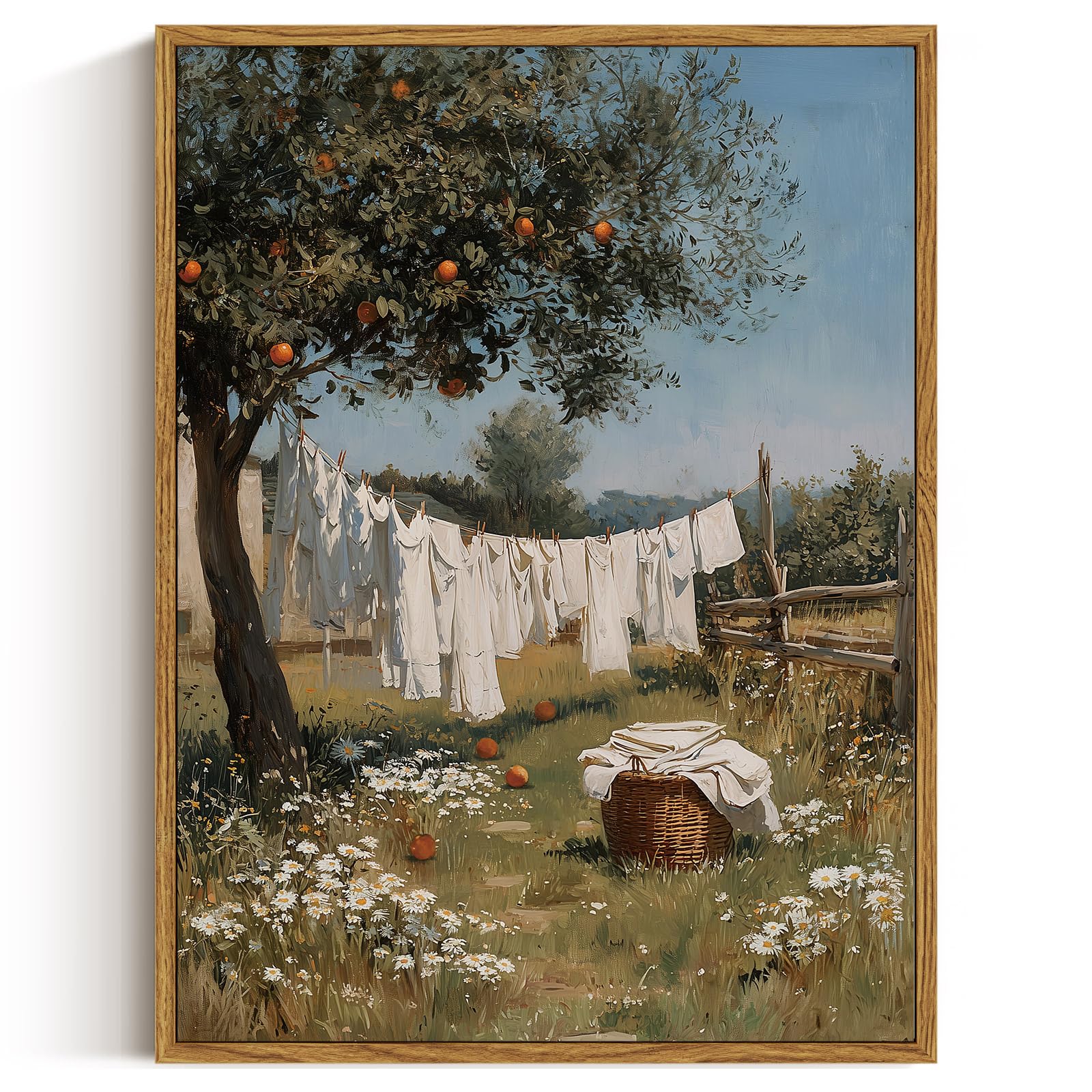 ARPEOTCY Vintage Framed Canvas Wall Art, 12x16inch, Farmhouse Laundry Wall Decor, Country Art Prints Home Decorations, Country Landscape Paintings for Summer Laundry Room Shelf Decor