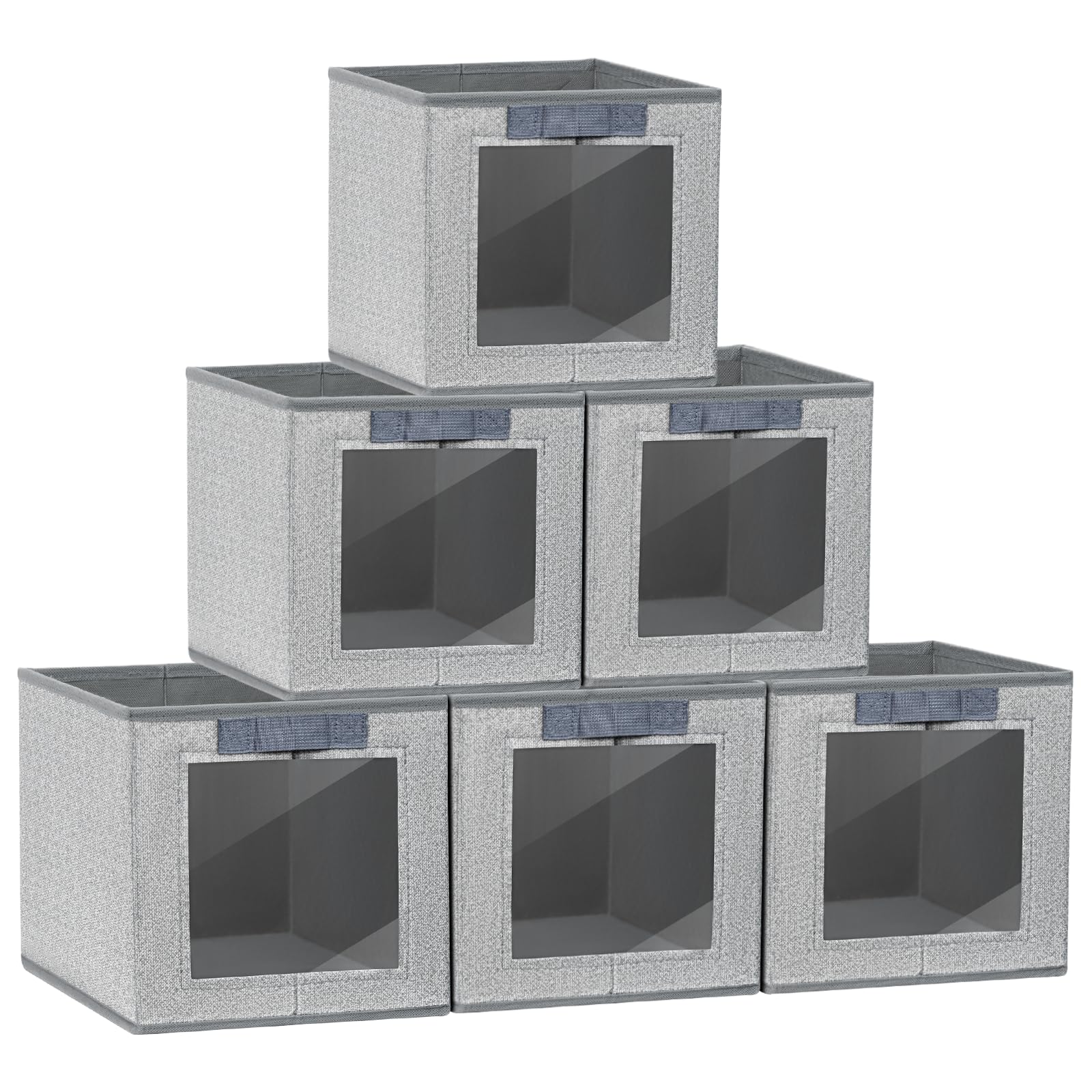 DIMJ Set of 6 Foldable Storage Boxes with Transparent Window, Fabric Storage Basket with Handle, Wardrobe Storage Organiser Boxes for Clothes, Toys, Books