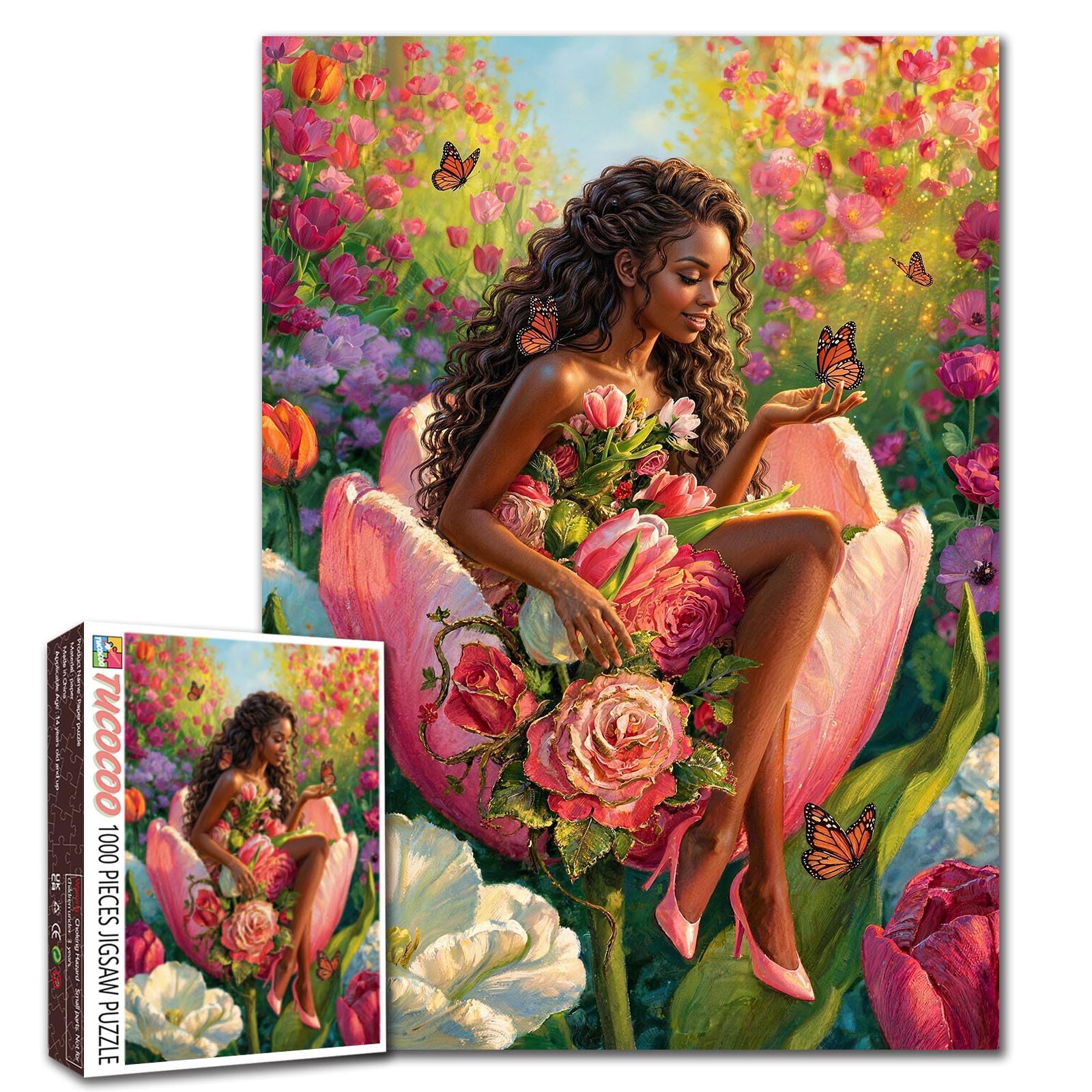 Beautiful African Woman 1000 Piece Jigsaw Puzzle for Adults Black Girl Magic Floral Scene Puzzle Butterfly Garden Fantasy Lady Artwork Puzzles Fun Relaxing Indoor Activity Gift for Women Home Decor — image 1