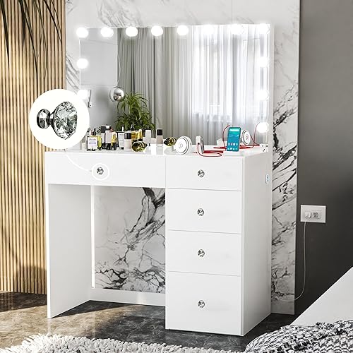 Miniatura 2 de Boahaus Saranya - Moderno escritorio de maquillaje con cajones y bombillas Hollywood complementario, blanco, perillas de cristal, pequeño escritorio