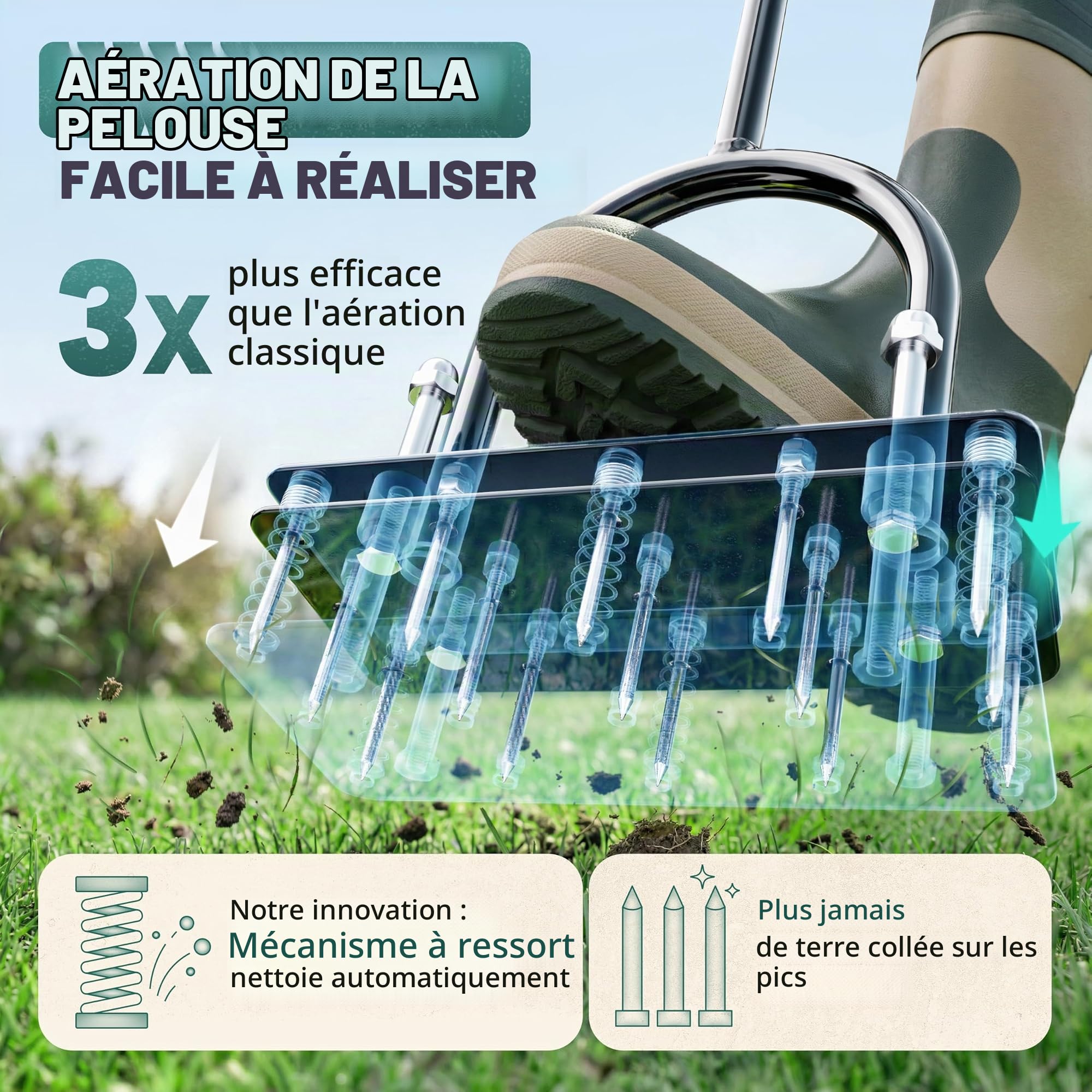 Aérateur de pelouse Pro - Fourche aérée innovante - Scarificateur et aérateur pour aération de pelouse - Outil de jardin de qualité supérieure pour aérer et ameublir la pelouse