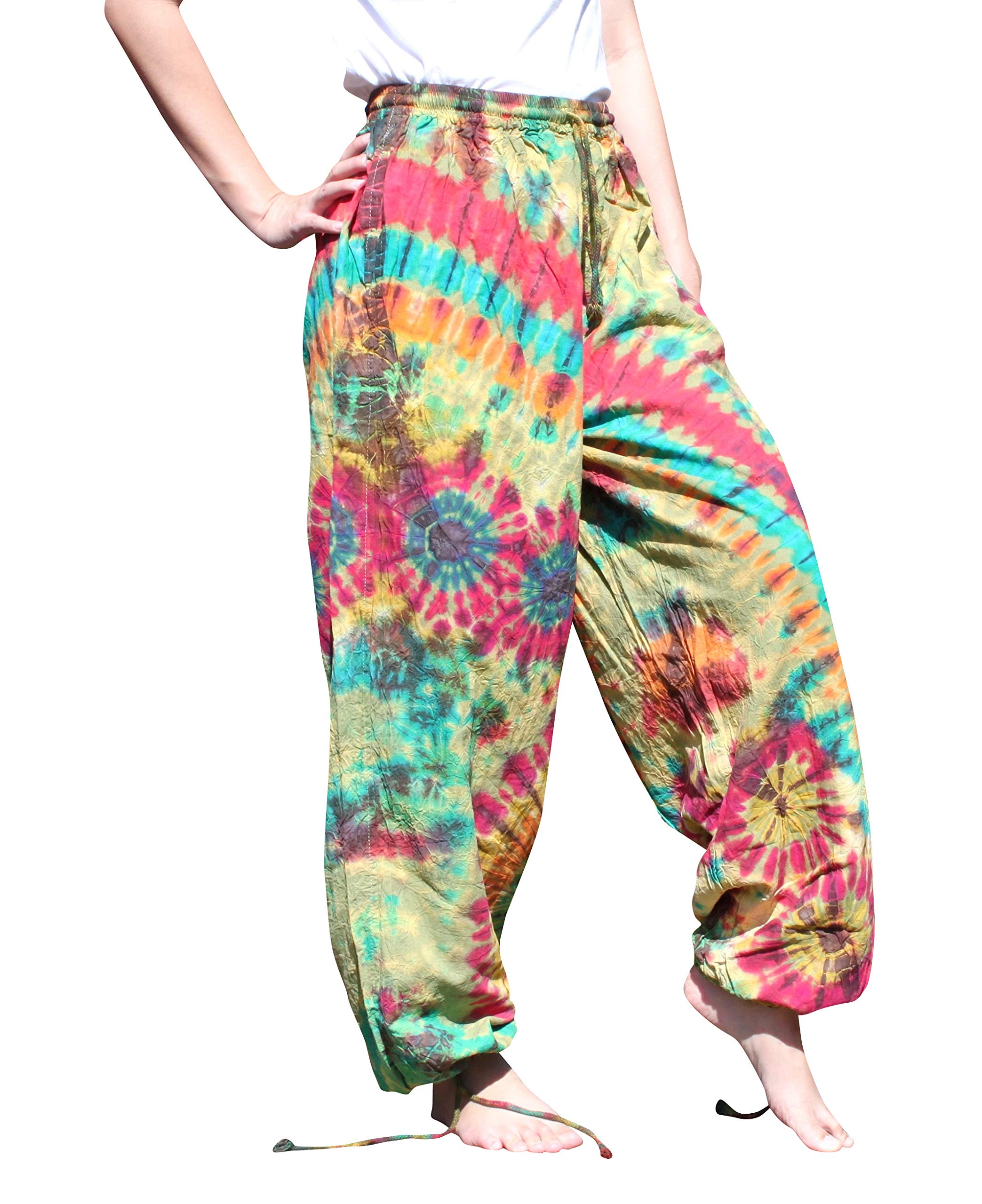 Full FunkTie Dye Cotton Pants with Elastic Thick Pull String Waist, Large, Flax Yellow Pink