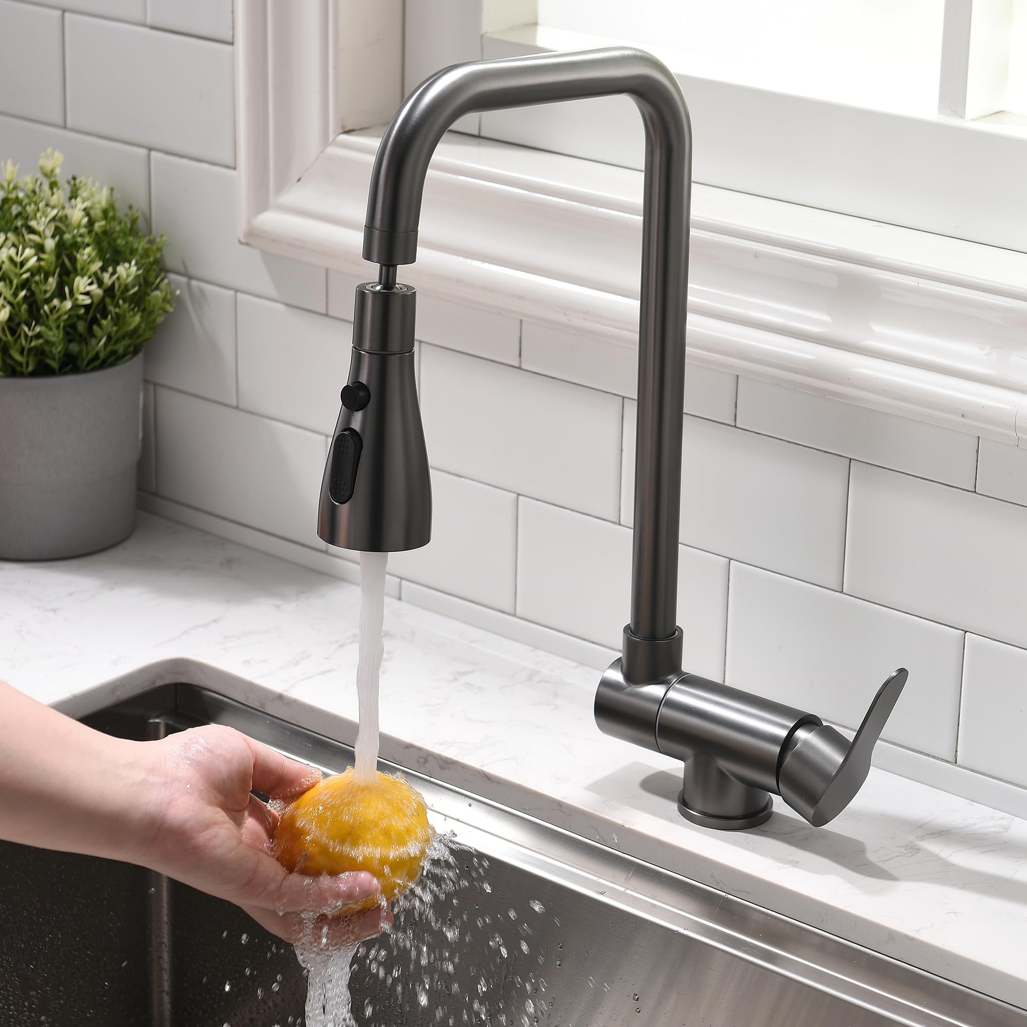 Grifo Cocina Abatible, Grifo Abatible Cocina 3 Modos De Descarga De Agua,Grifo De Fregadero Plegable, Grifo Monomando Bajo Ventana De Acero Inoxidable 304 (gris)