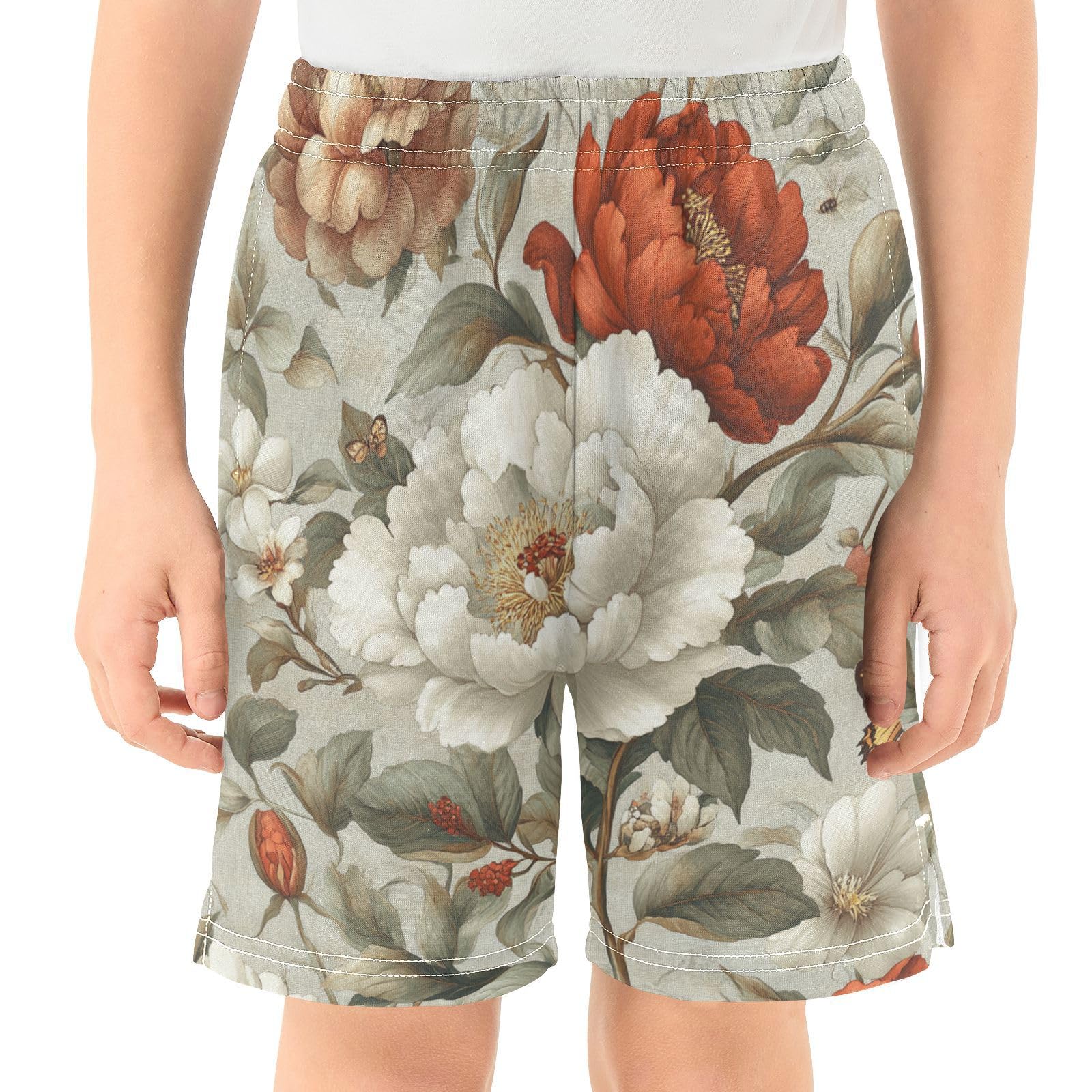 Boys Shorts Athletic with Pockets Running Short Pants M Florals Peonies Gardenia Butterflies Bees