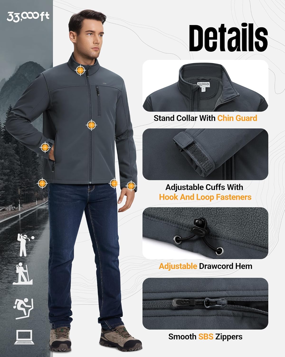 33,000ft Men's Waterproof Softshell Jacket Warm Fleece Lined Windbreaker Lightweight Soft Shell for Travel Hiking Golf - Image 5