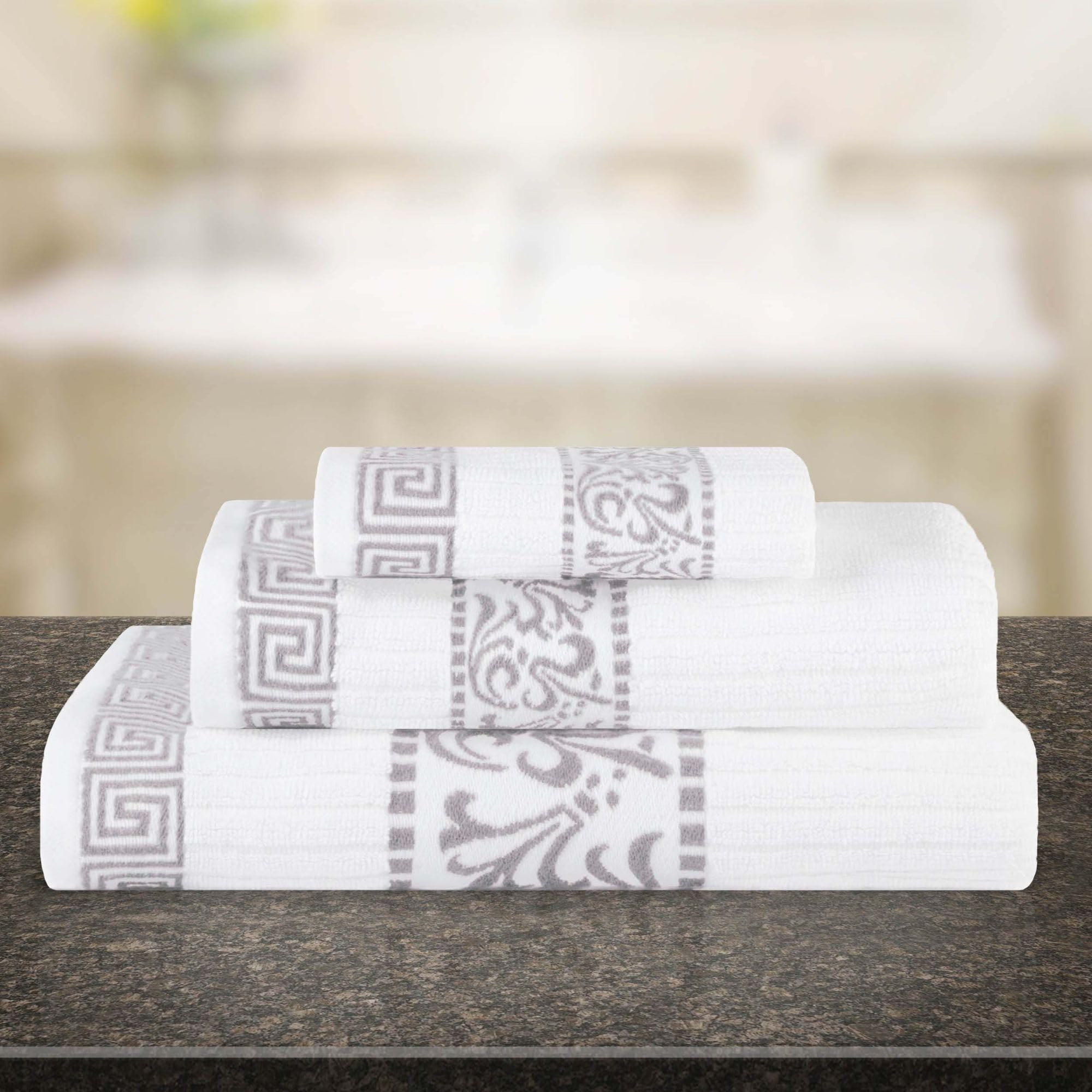 Superior Juego de Toallas de algodón de 3 Piezas, diseño Griego Decorativo, Esencial para el hogar, Toallas absorbentes, decoración de baño, SPA, Complejo, Incluye 1 Toalla de Mano, 1 Cara y 1 Toalla
