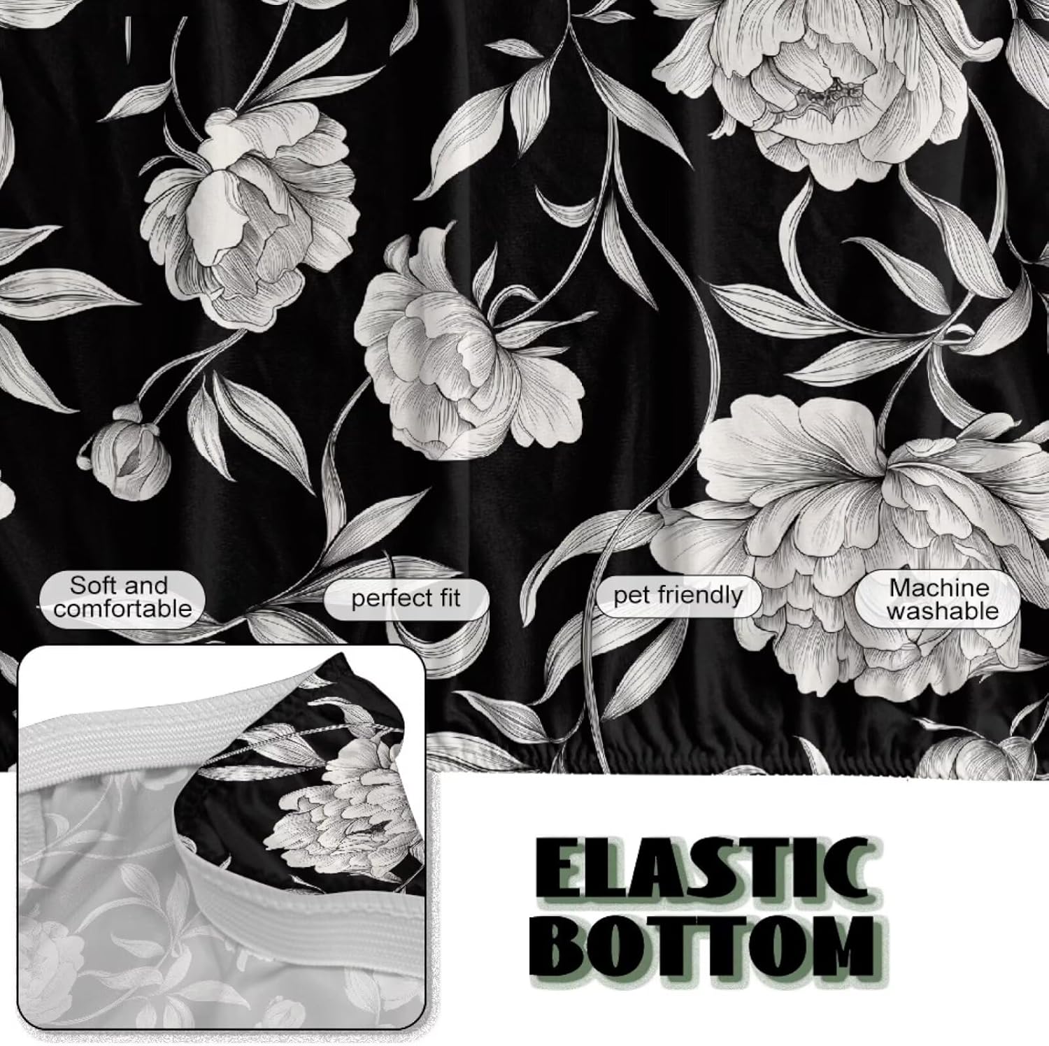 Futon Cover Washable Stretch Armless Sofa Cover Futon Slipcover Without Armrests Stain-Resistant Furniture Protector for Folding Sofa Bed Decor, Flower Black