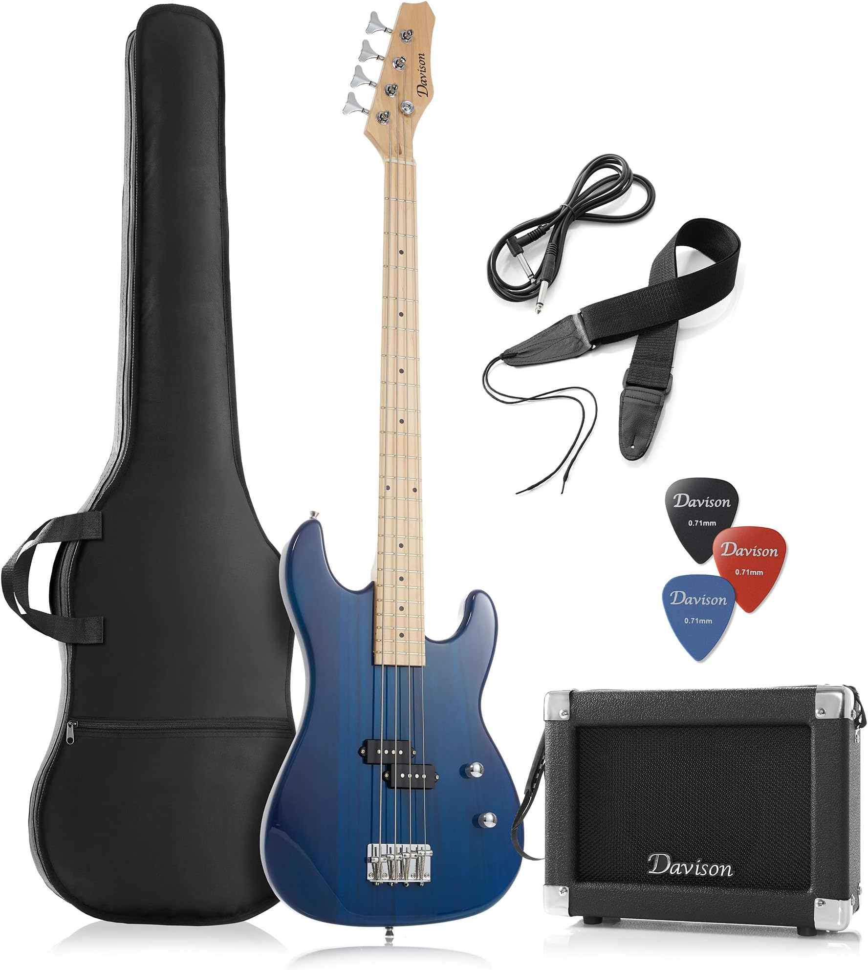 Full Size Electric Bass Guitar with 15-Watt Amp, Blue - 4 String Right Handed Beginner Kit with Gig Bag and Accessories