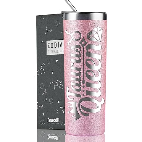 Onebttl Zodiac Gifts for Women, Best Friend Birthday Gifts for Her, 20oz Stainless Steel Tumbler, Engraved Logo Glitter Rose Gold, Taurus