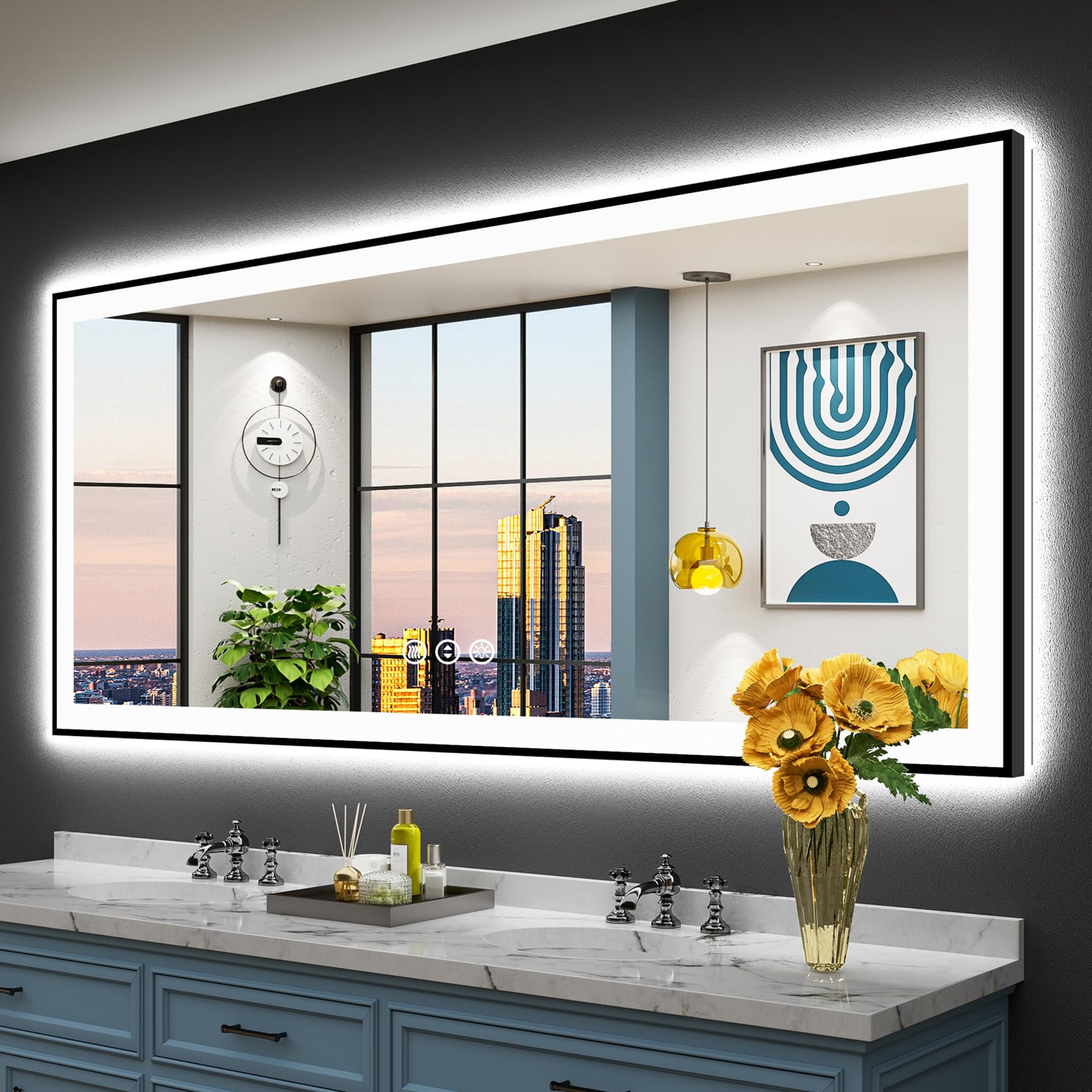 72x32 Black Framed LED Bathroom Mirror with Lights, Backlit and Front Lit Anti-Fog Lighted Vanity Mirror for Bathroom Wall, Dimmable, 3 Colors, Memory, Shatter-Proof, HD Tempered Glass, CRI 95