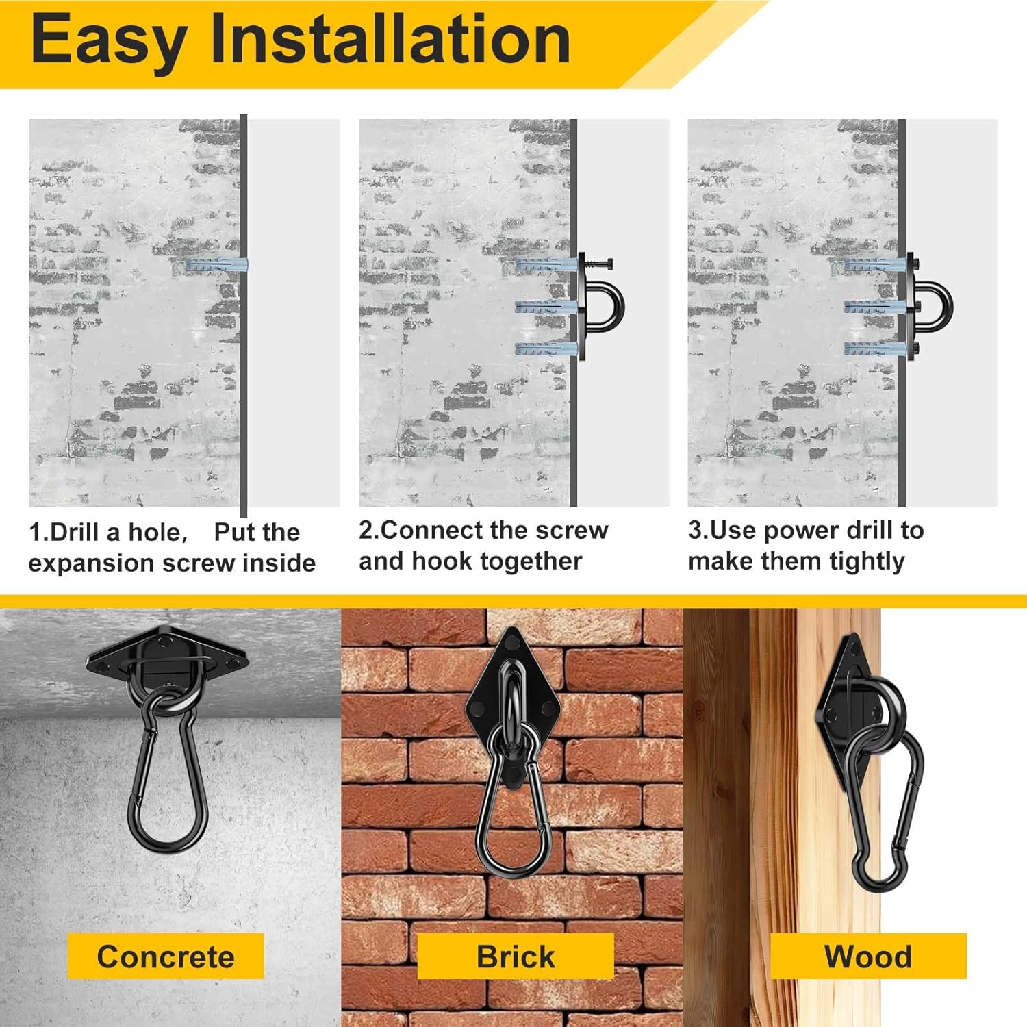 Heavy Duty Black Hammock Hooks Screws Bolts Included, Over 1700 lb Rust-Resistant Swing Hook Hardware, M10 Hanging Kit for Porch Yoga Seat Trapeze (Indoor/Outdoor) 4 81sOZoNgpoL. AC SL1500