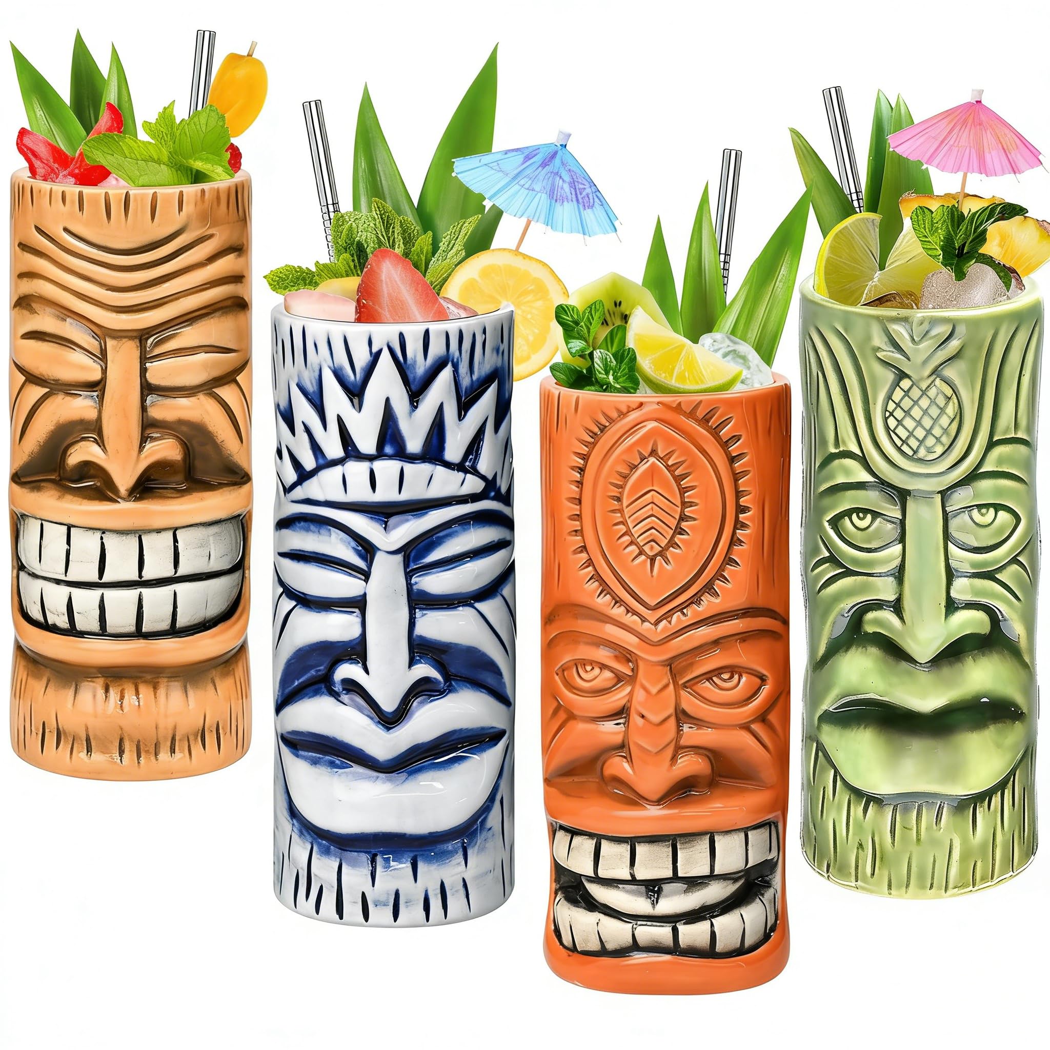 Tiki zestaw 4 kubków – ceramiczne kubki koktajlowe ze szkła Tiki, unikalne kieliszki koktajlowe, do baru, profesjonalny kubek hawajski i naczynia barowe na Halloween, Boże Narodzenie