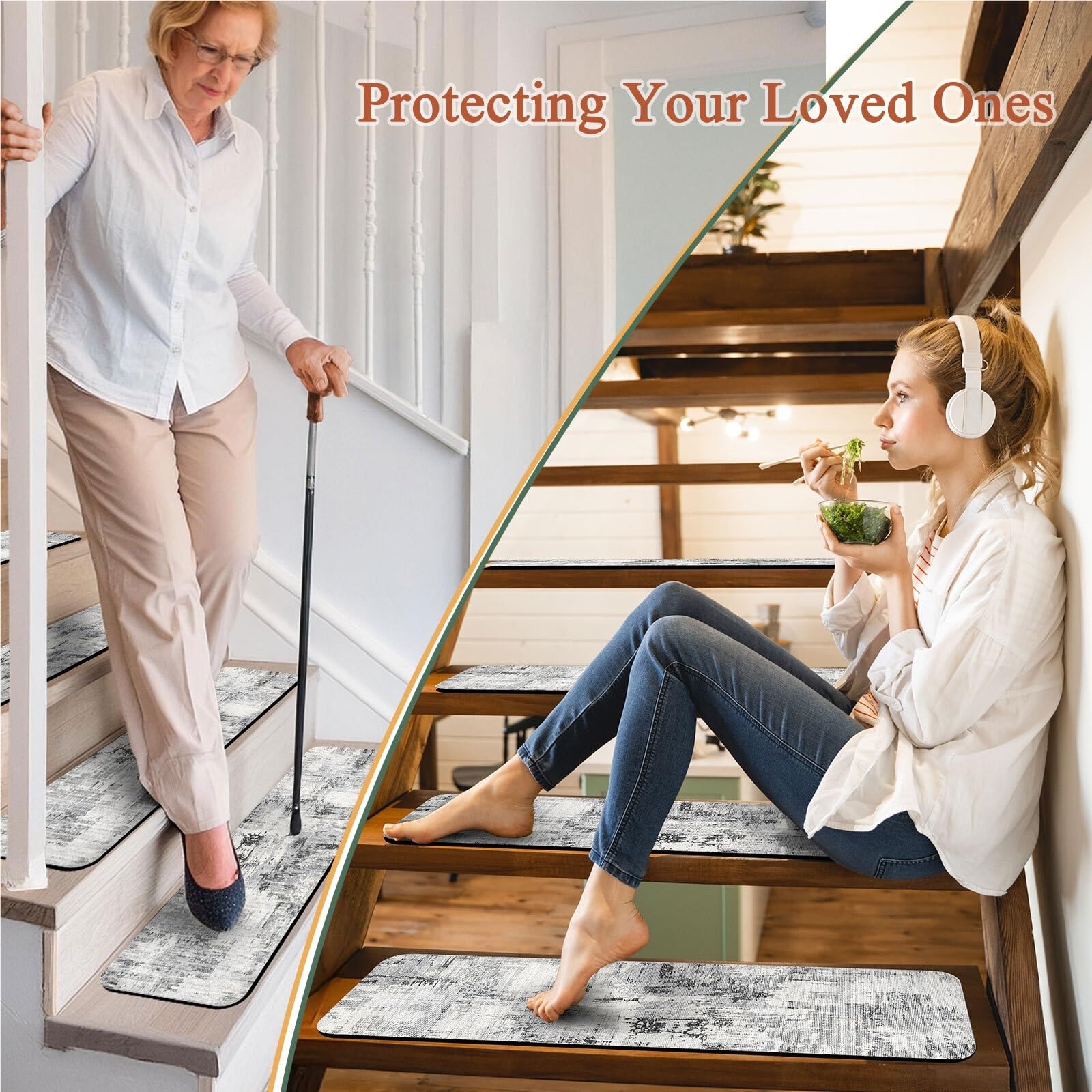 Lot de 7 tapis d'escalier en caoutchouc antidérapant pour marches en bois - Tapis d'intérieur doux (76,2 x 20,3 cm) - Protection sûre et confortable pour escaliers de maison