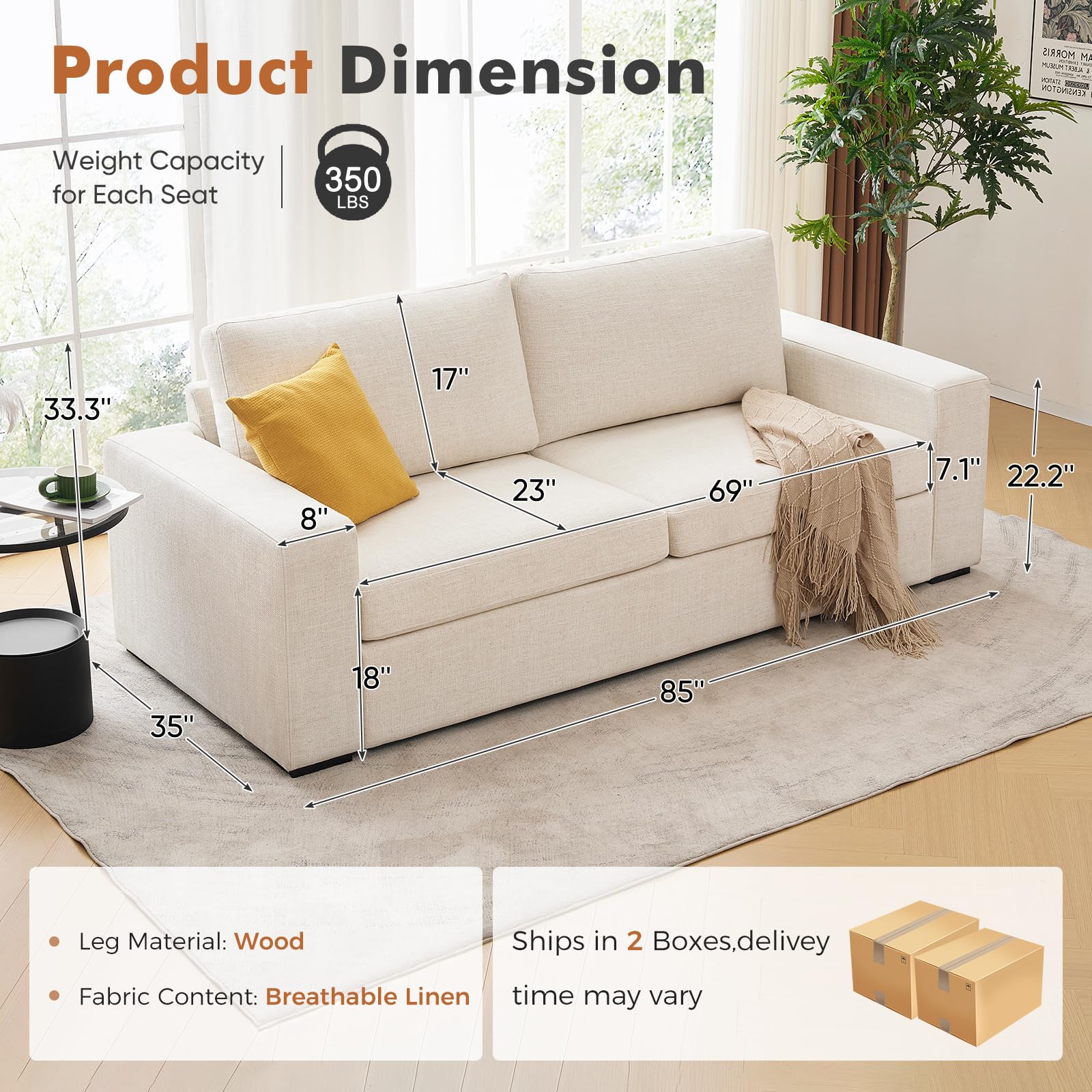 Modernes Sofa für Wohnzimmer, bequem, 2-Sitzer mit breiten Armlehnen, dicker, atmungsaktiver Leinenstoff, ideal für Wohnung und Büro, 210 cm