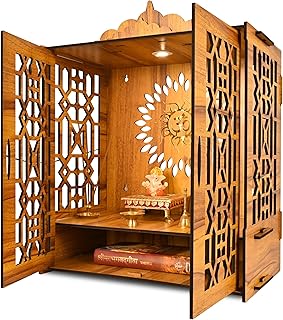 Naraniya Creation Temple Mandir for Home with Door | Wooden MDF, Assembly Required | Pooja Unit with Storage Space | LED Light and Wall Mounts | Pooja Mandir for Home Big Size 21.2x16.5x10.2 inch