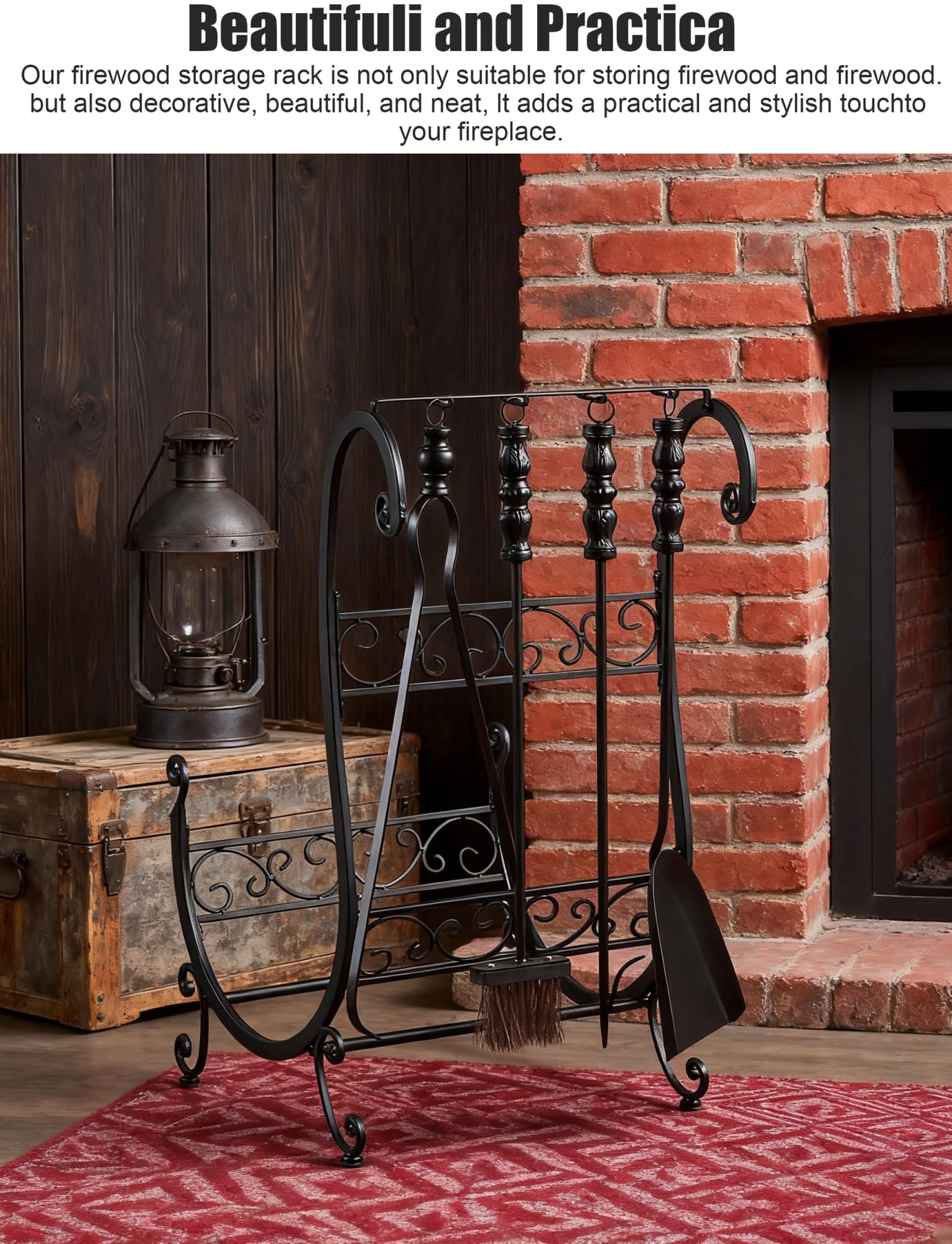 Juego de leñero de Hierro Fundido y Herramientas for Chimenea: Soporte for leña con Asas for Chimenea de Interior y Exterior, Soporte for Rejilla