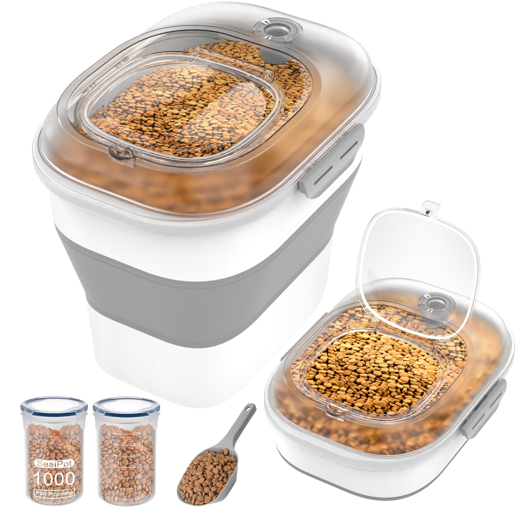 Contenedor de almacenamiento de alimentos para perros de 32 a 35 libras, contenedor plegable de comida para perros con tapa hermética transparente, ruedas, pista de fecha, contenedor de