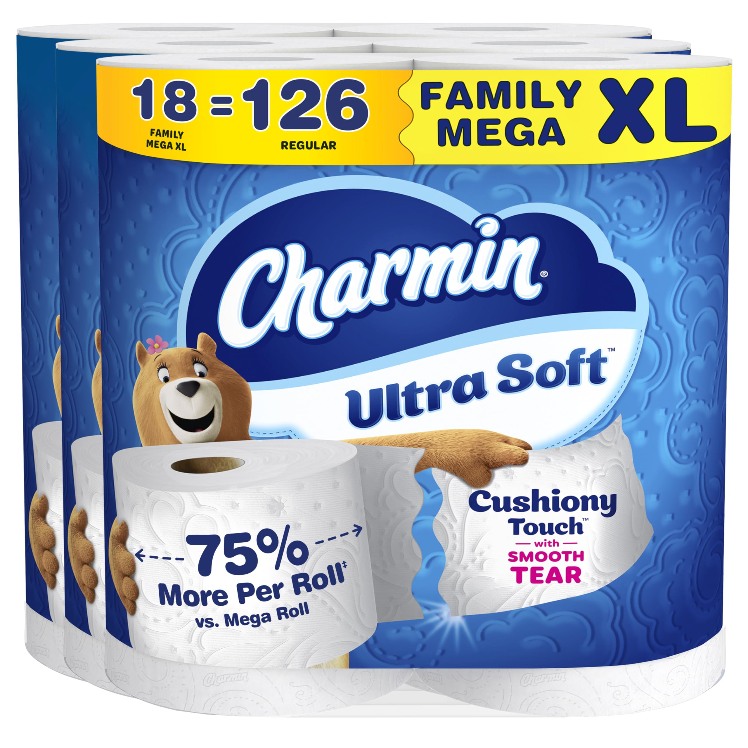 Charmin Toilet Paper Ultra Soft Cushiony Touch, 18 Family Mega XL Rolls = 126 Regular Rolls