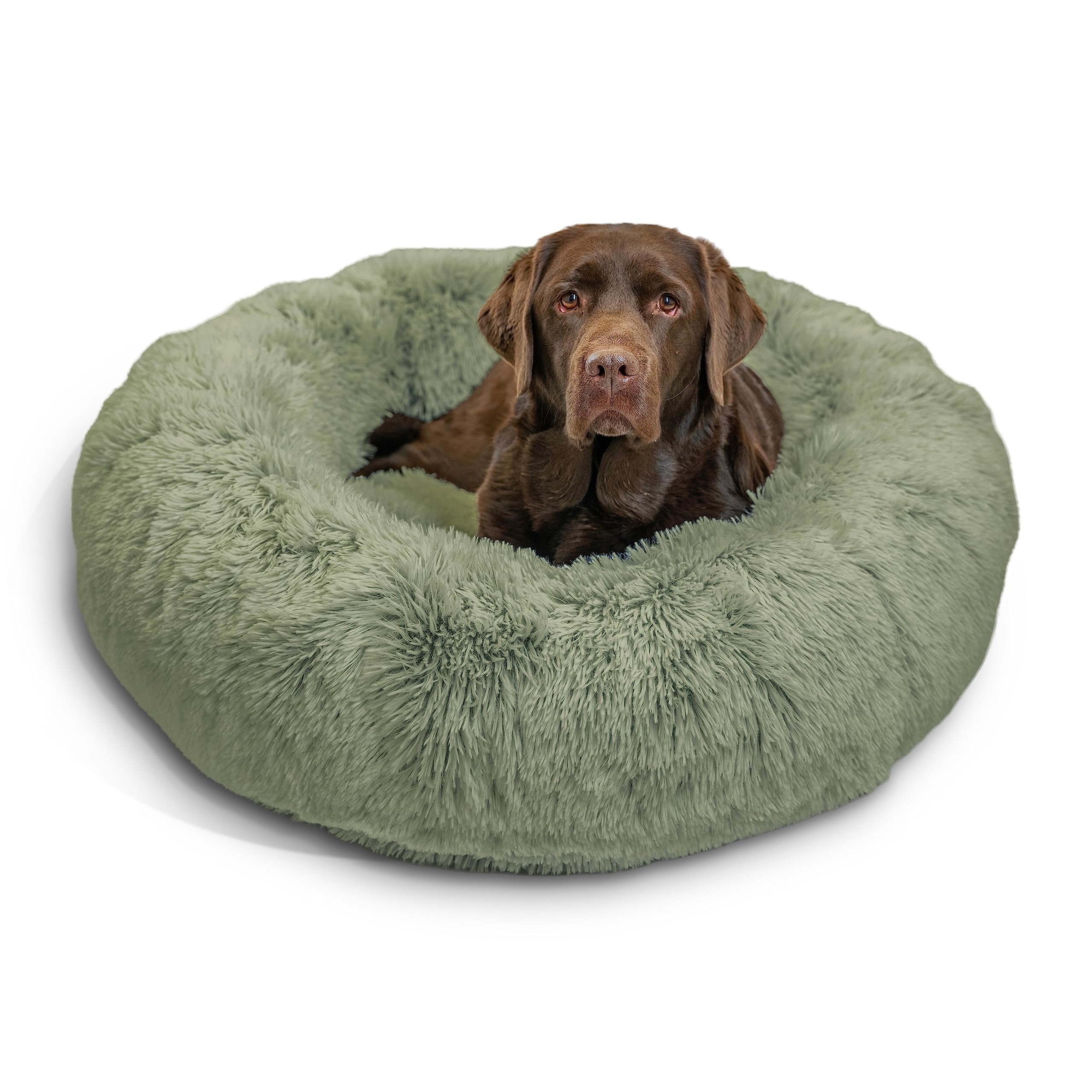 Best Friends by Sheri The Original Calming Donut Dog Bed – Washable Plush Pet Bed for Large Breeds up to 100 lbs, Shag Faux Fur, Sage Green, Large (36" x 36")