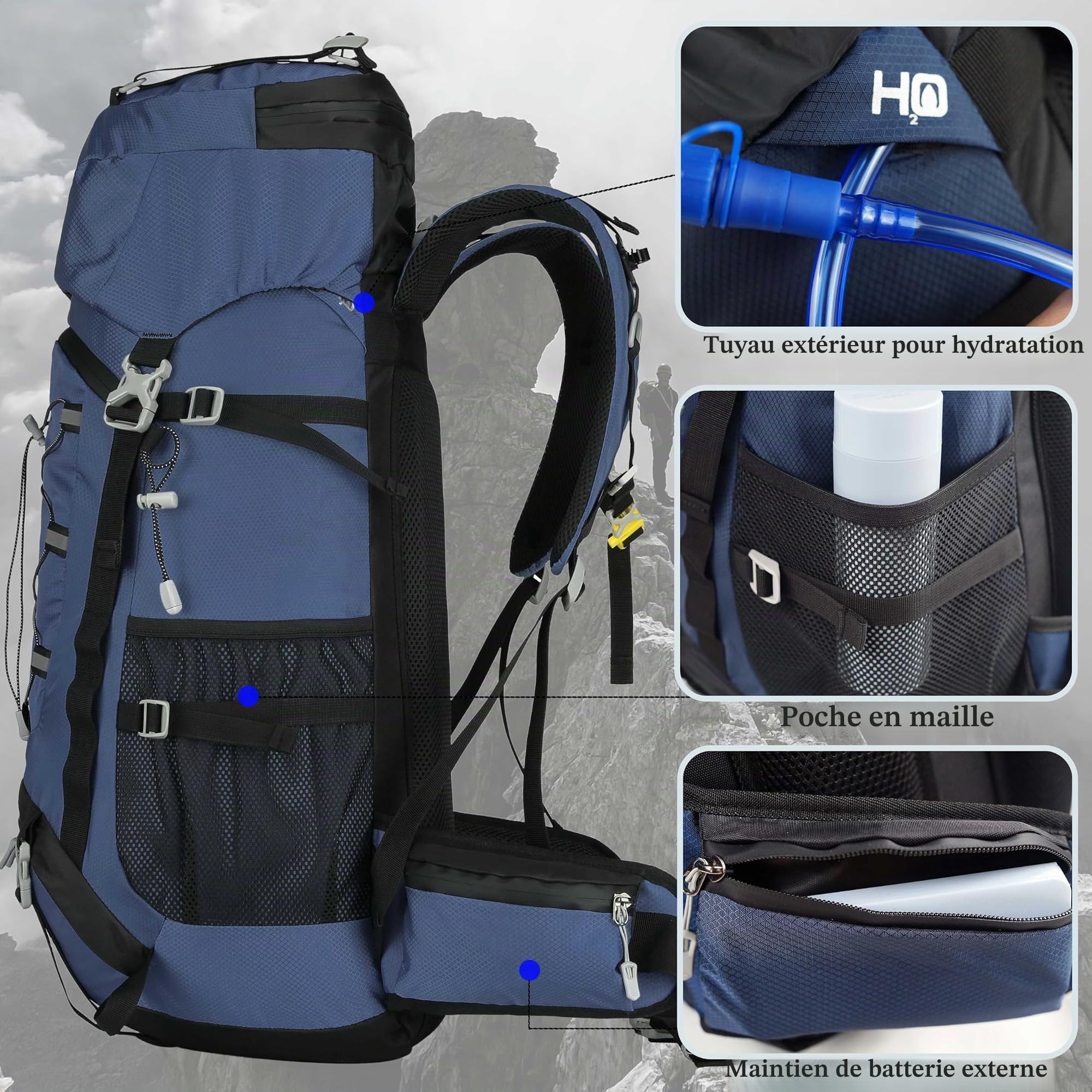 Sac à dos de voyage, randonnée, camping avec housse de pluie, sac à dos résistant à l'eau, sac à dos d'escalade pour homme et femme 60 l