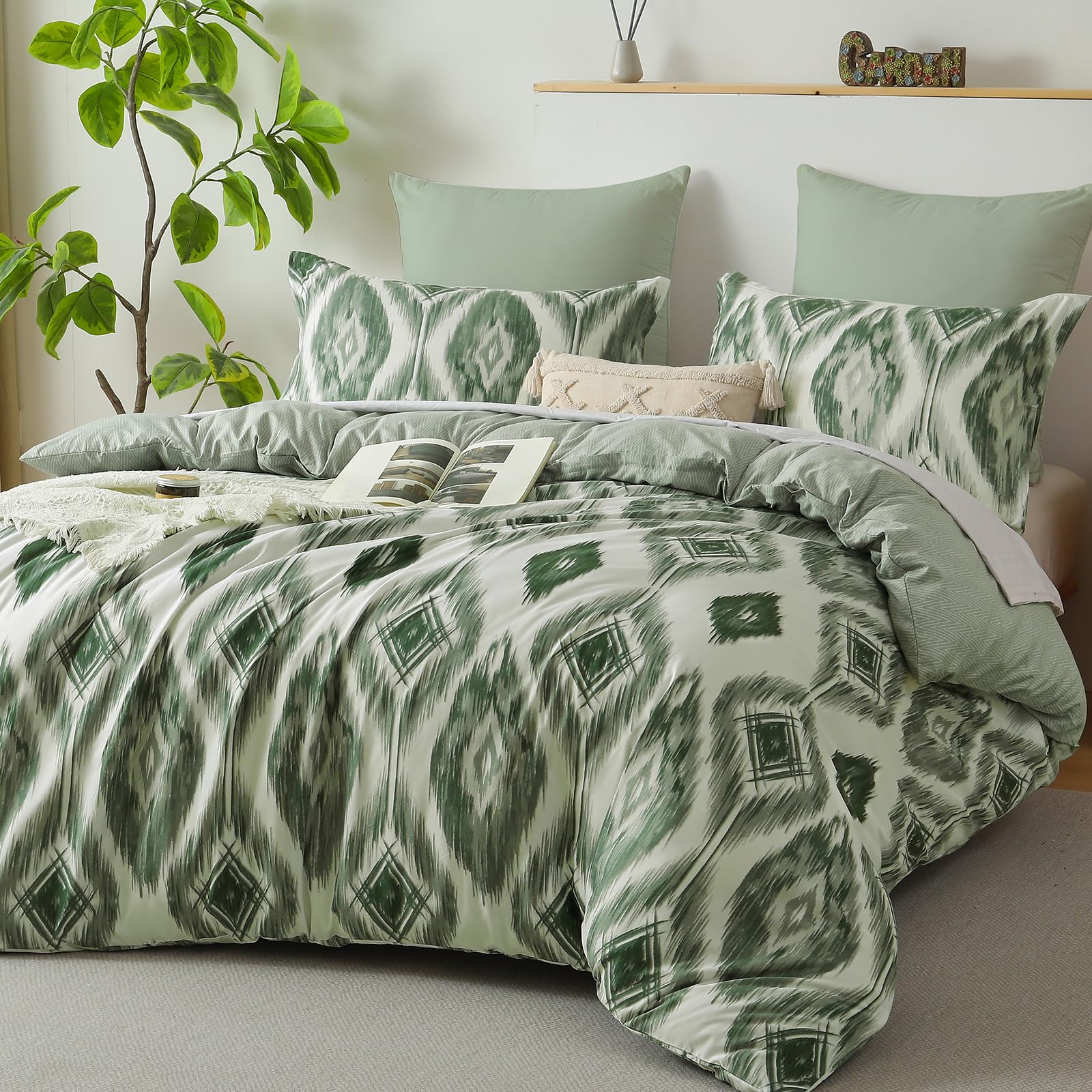 Boho Geometry Duvet Cover Set Double Bohemian Bedding Set for Boys Girls Adults Soft Gird Plaid Cube Duvet Cover with Zipper Closure (Green