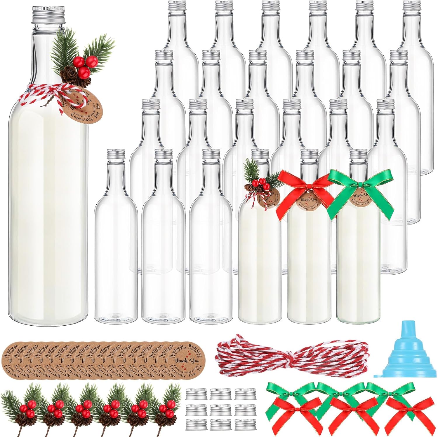 Tioncy 24 Pack 750ml Christmas Plastic Coquito Bottles 25 oz Clear Plastic Coquito Wine Bottles with Caps Pine Cone Needles Branches and Bow Ornaments for Home Brewing Xmas Party Favors 24 750ml