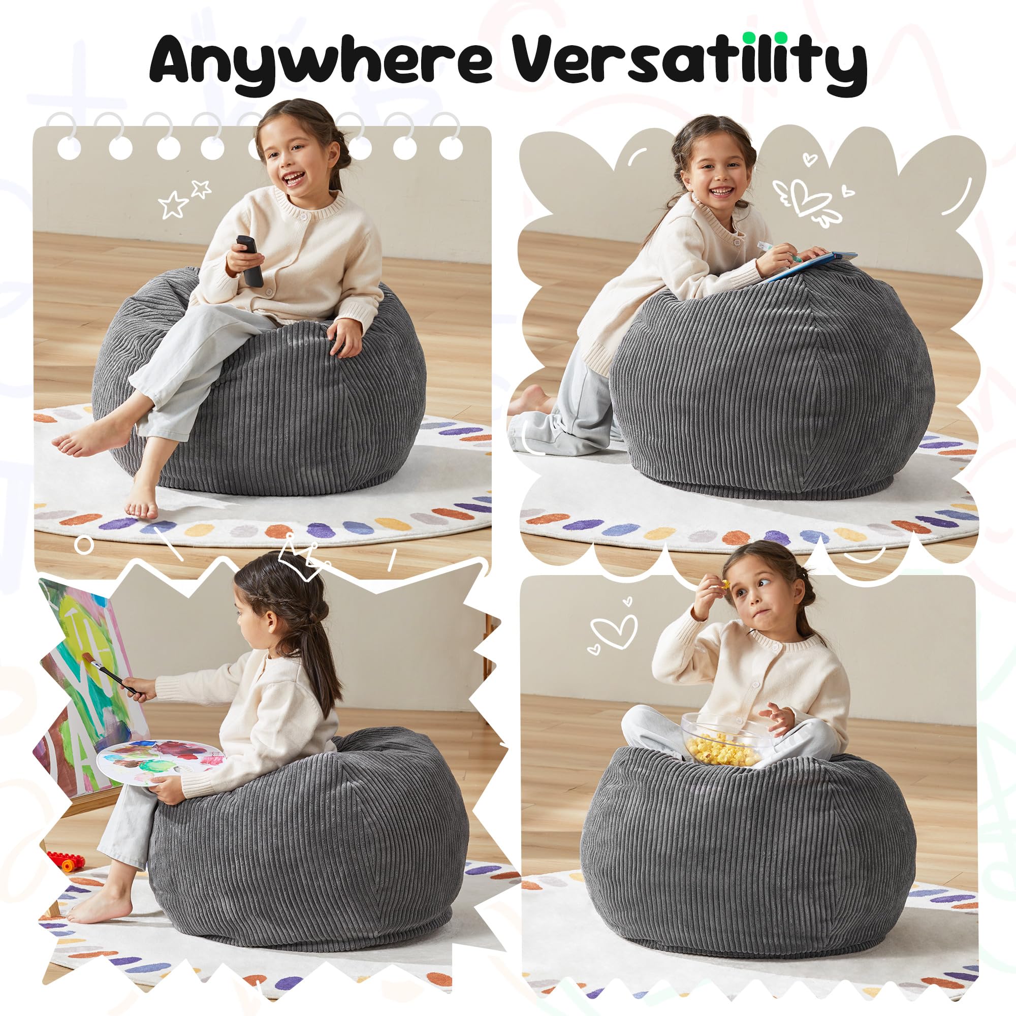 Hobestluk Sitzsack für Kinder, Tropfenform, abnehmbarer Bezug, Grau, 52 x 54,9 x 74 cm