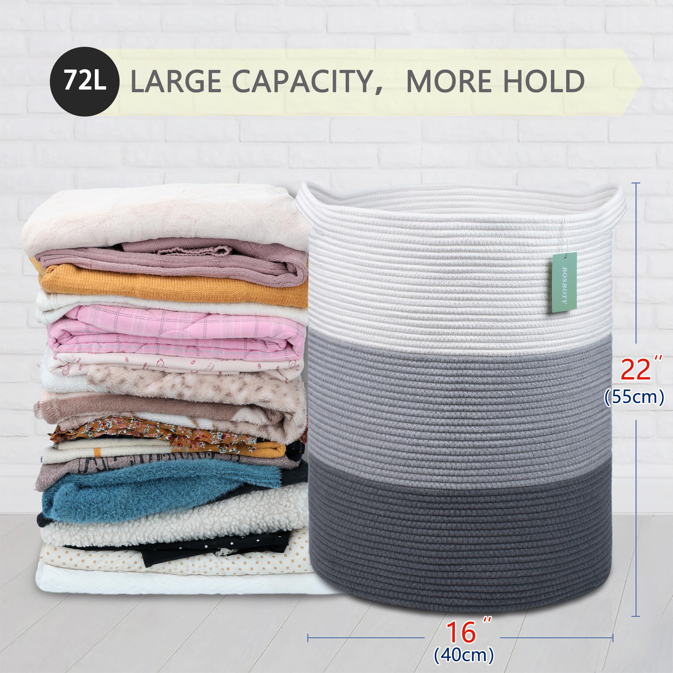 Grande cesto portabiancheria per ragazze e ragazzi, 72 l, cesto portabiancheria alto, in corda di cotone, cesto per riporre giocattoli, vestiti e asciugamani, 40,6 x 55,9 cm, bianco e grigio