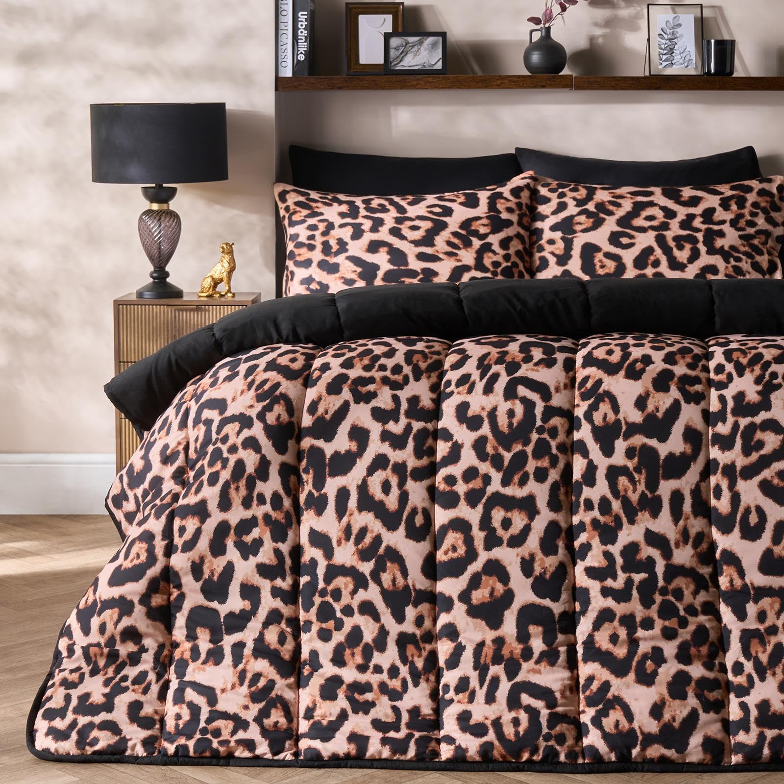 OHS Leopard Print Coverless Duvet Single, 10.5 Tog Reversible Washable Coverless Duvet Soft Comfy Microfibre Summer Winter Camping Blanket Quilt Single Duvets with Pillowcase, Natural — image 1