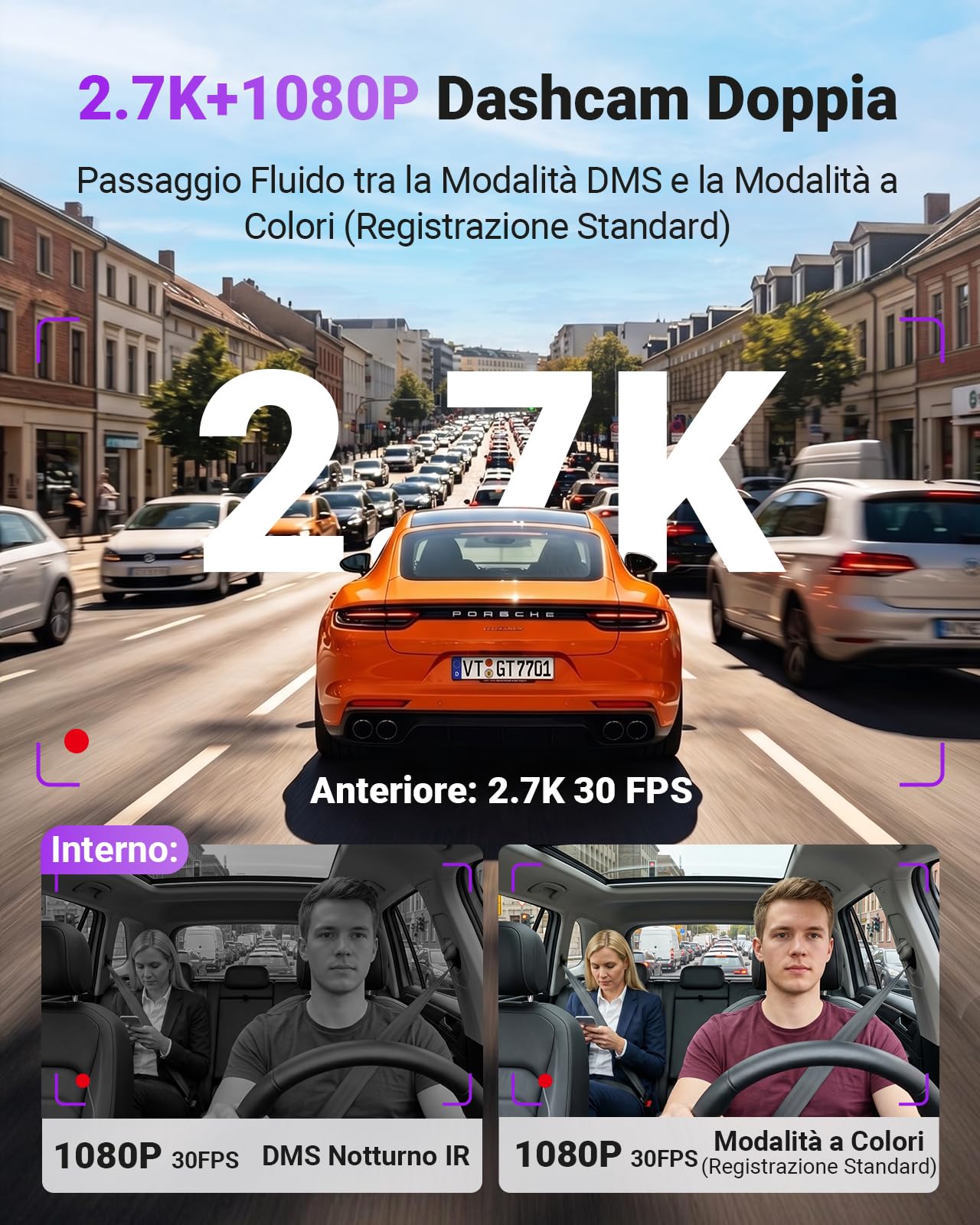 VANTRUE S1 Pro DMS Dashcam con ADAS per Taxi, Telecamera Auto Fronte e Interno 2.7K con Avviso Collisione e Rilevamento Stanchezza, Visione Notturna STARVIS 2, WiFi 5GHz, Conforme al RGPD