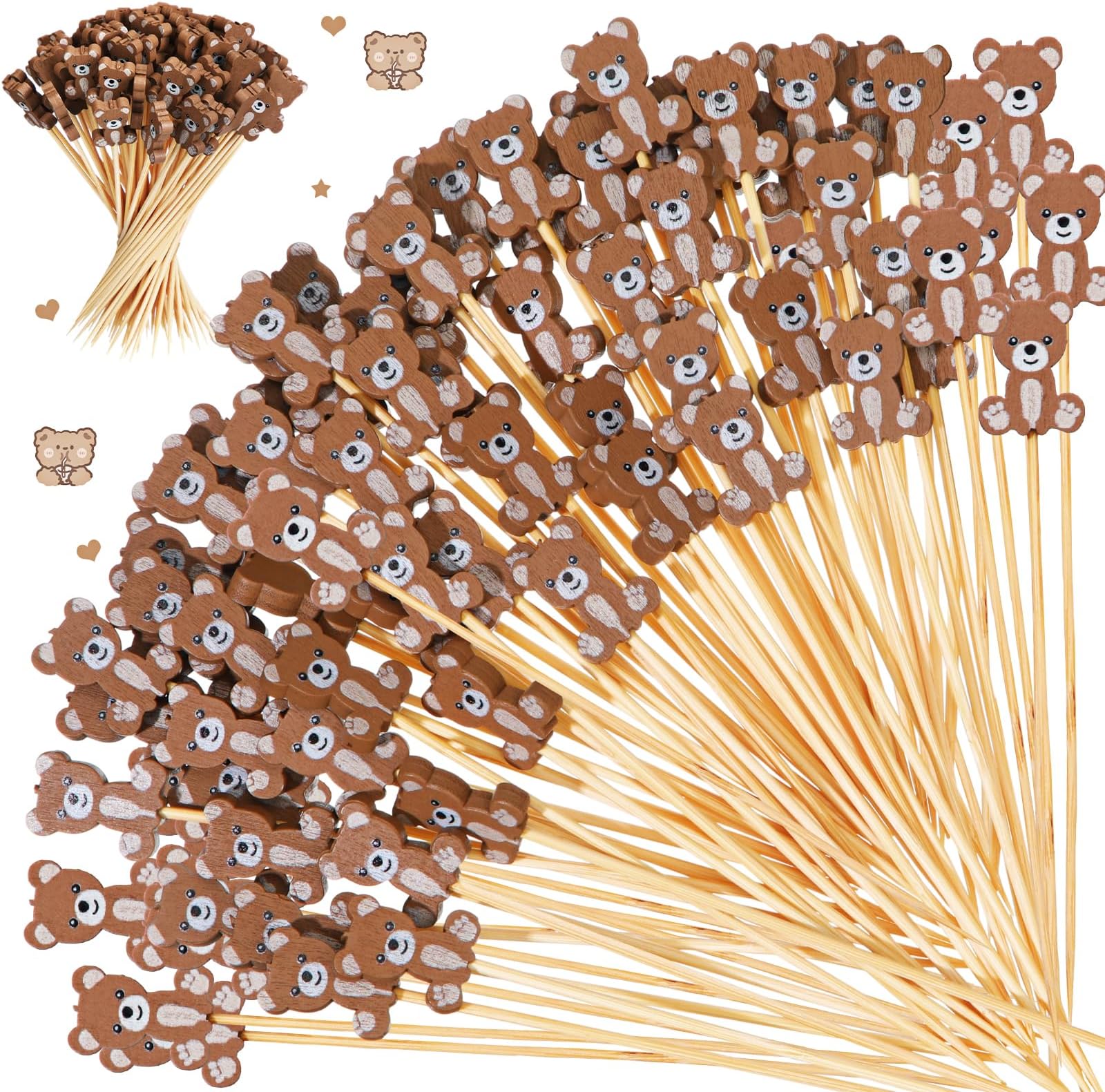Tioncy 100 Pcs Cocktail Picks 4.7 Inch Cocktail Toothpicks for Appetizers Decorative Bamboo Skewers Fruit Food Picks Cupcake Topper for Party Supplies Charcuterie Boards Accessories(Bear Style)