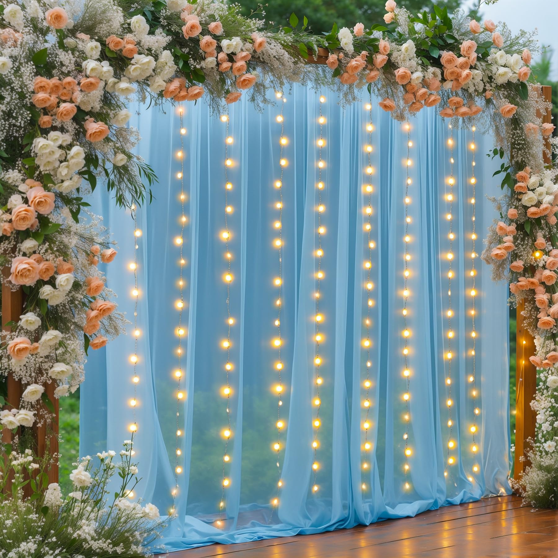 Photo 1 of 20×10ft Blue Tulle Backdrop Curtain with Lights String for Parties, Sheer Photo Backdrop Curtains for Wedding Party Photography Background