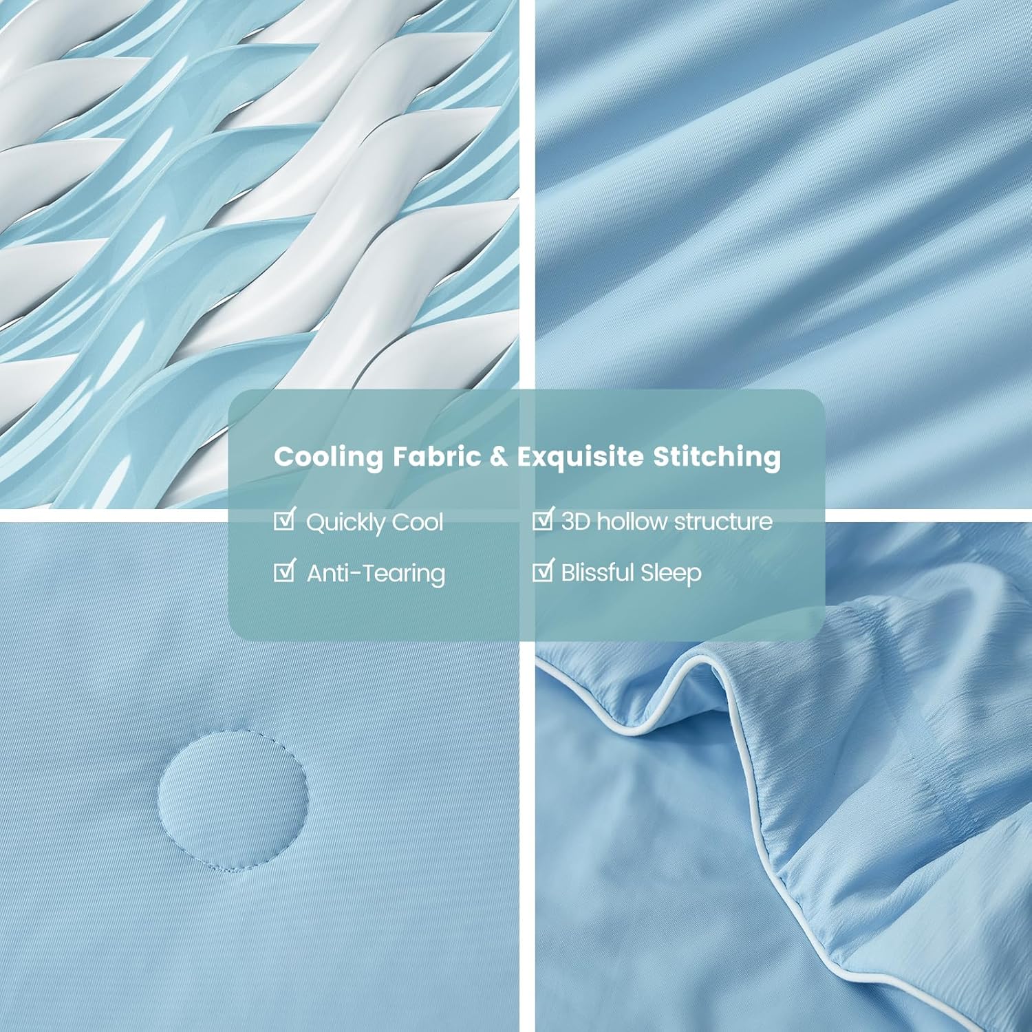 Cozy Bliss Seersucker Cooling Comforter Queen Size, Q-Max 0.4 Reversible Lightweight Cooling Blanket, Breathable Silk Smooth Summer Bedding Quilt for Hot Sleepers Night Sweats Cold Blue - Image 6
