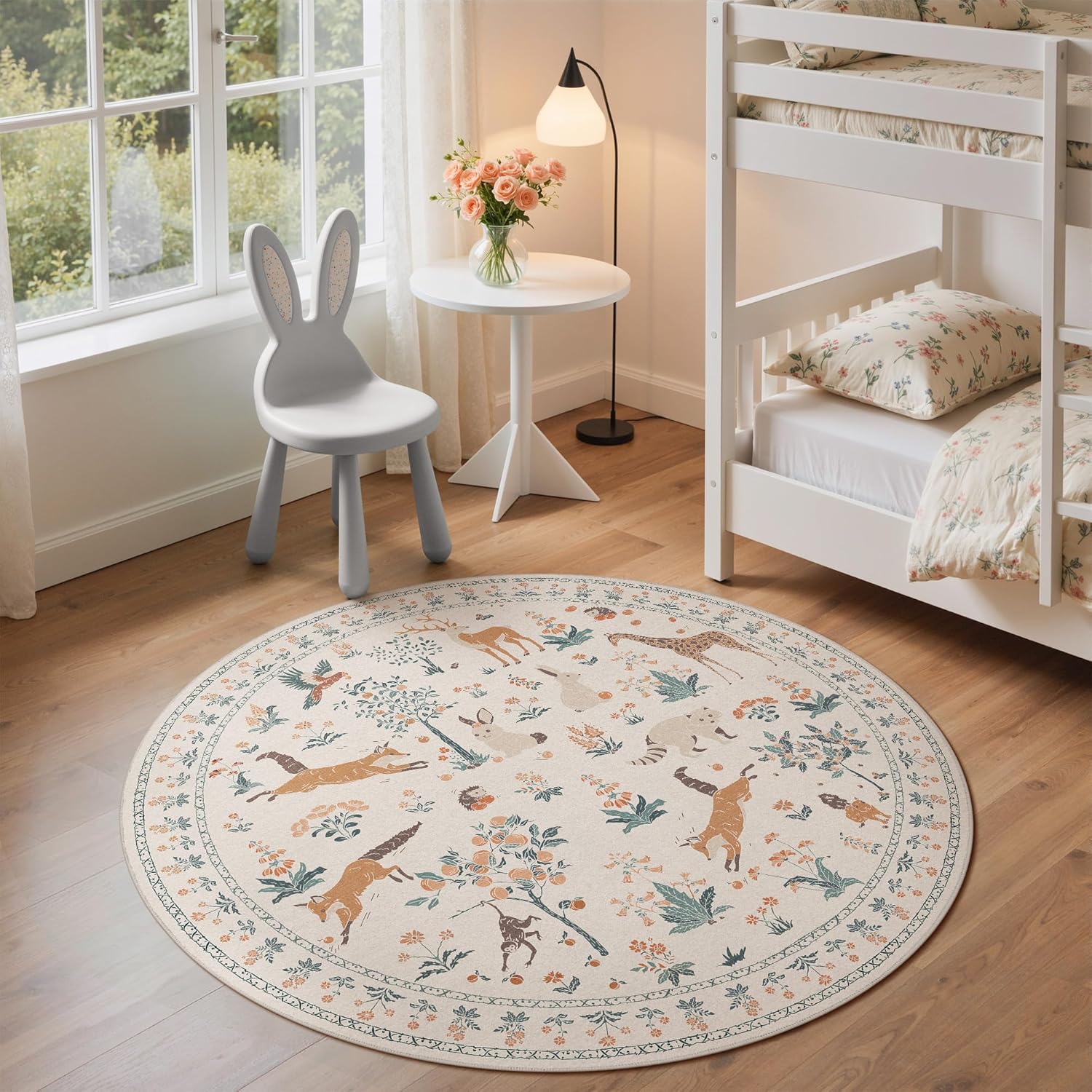 5FT Round Rug Machine Washable, Animal Print Floral Low Pile Non-Shedding Pet Friendly Circle Rug Non Slip for Bedroom Nursery Entryway Dining Room Playroom, Beige