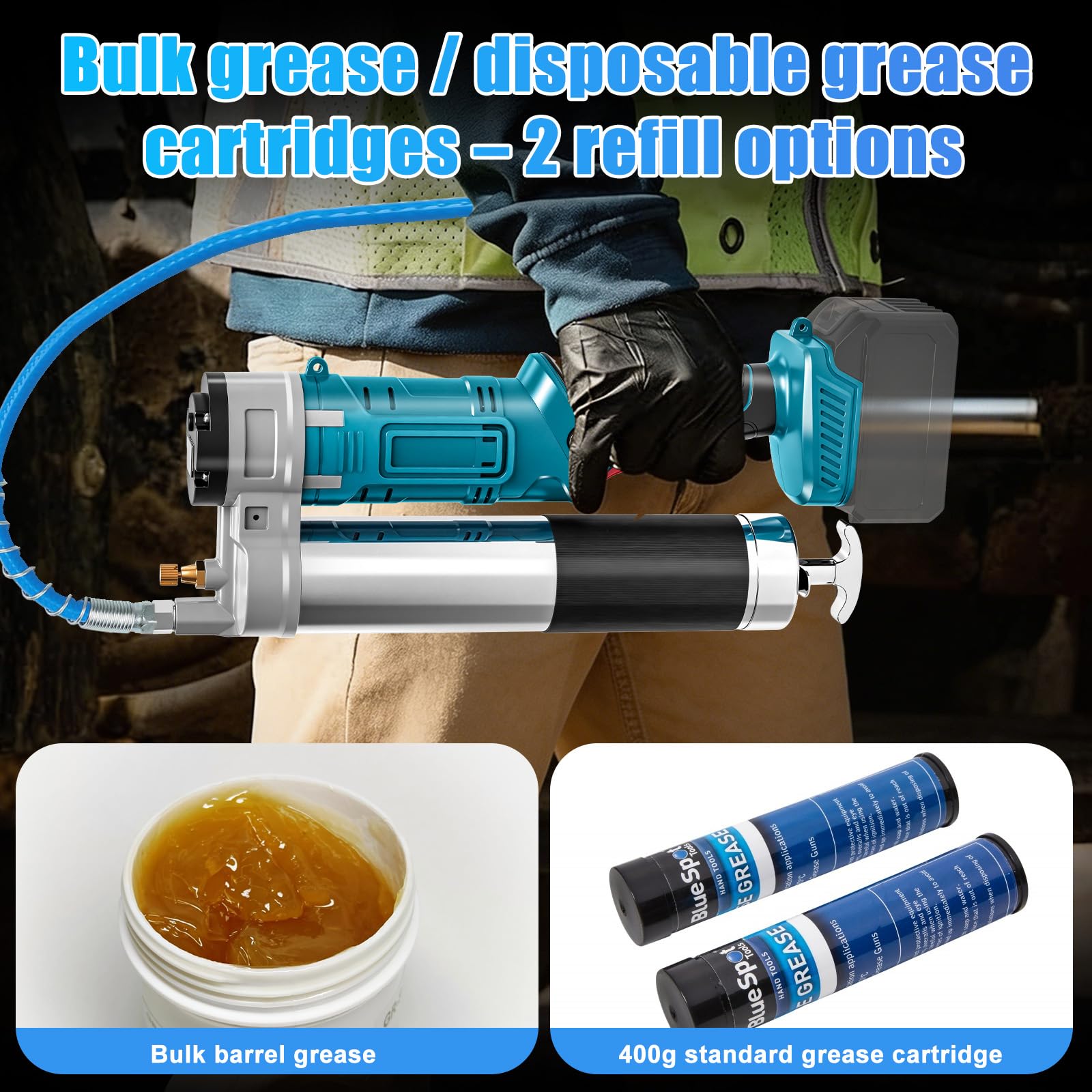 Fettpresse kompatibel mit Makita 18V-Akku, 8000–12000 PSI, 180–200 g/min, | 3-stufige Drehzahlregelung,600W bürstenloser Motor,für 400ml Kartuschen & loses Fett, mit LED-Licht