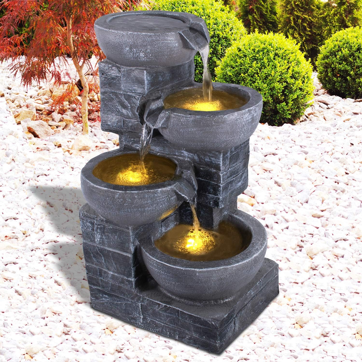 Fontana da giardino, fontana decorativa, fontana per interni, fontana con luce LED, 230 V, cascata, giochi d'acqua per giardino, laghetto da giardino, terrazza, balcone
