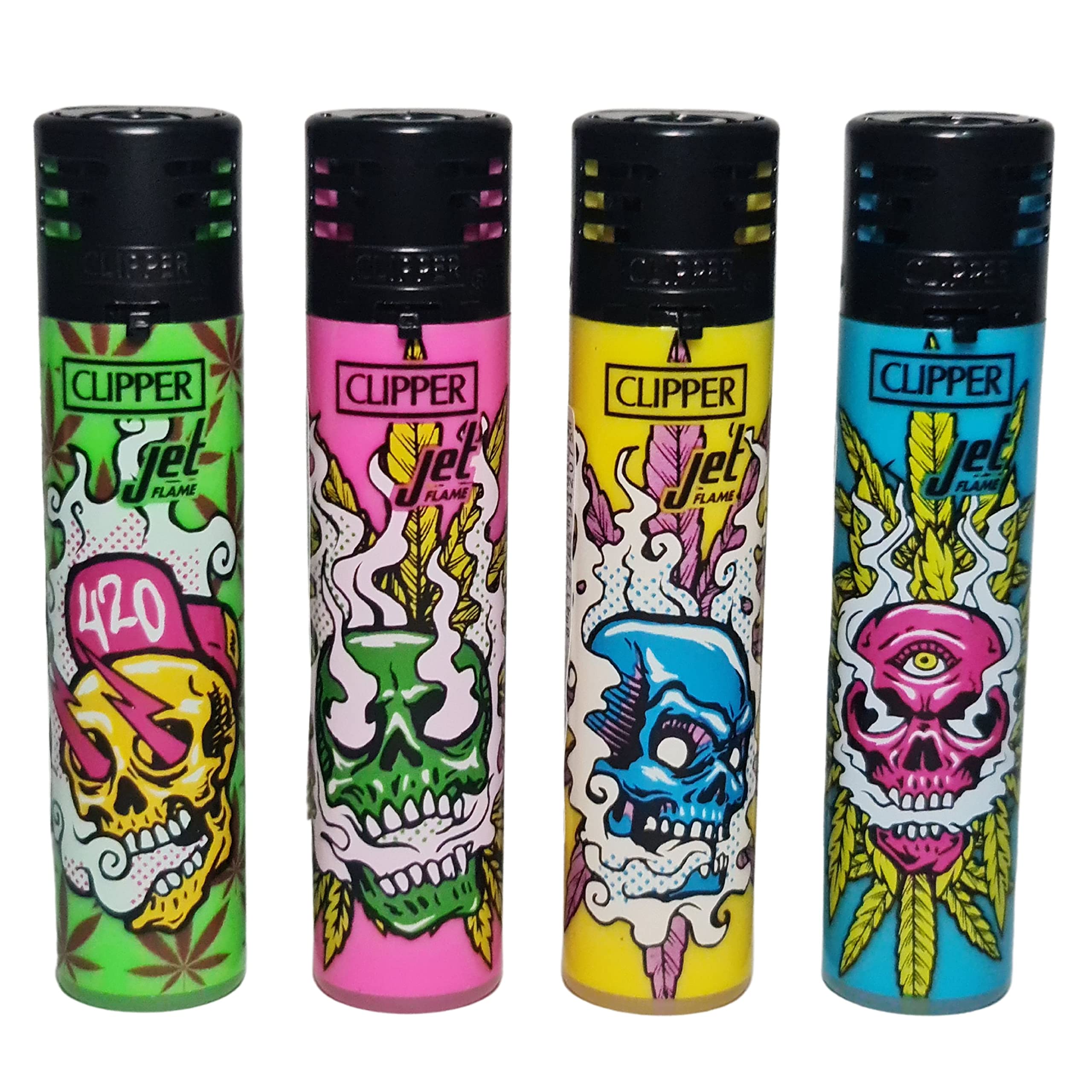 Zactly 4 x Clipper Jet Lighter Set HIGH SKULLS Rare Black Top Windproof Gas Refillable Rare Limited Edition