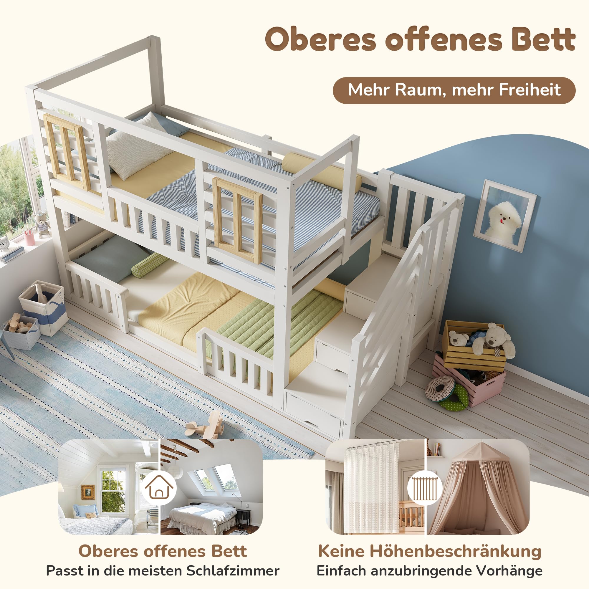 Etagenbett 90x200 cm mit Treppe Stauraum und Fenster, Kinderbett mit Geländer, Hochbett mit Weiß im Hüttenstil, Stauraumbett, Holzbett, Weiß-D(Ohne Matratze)