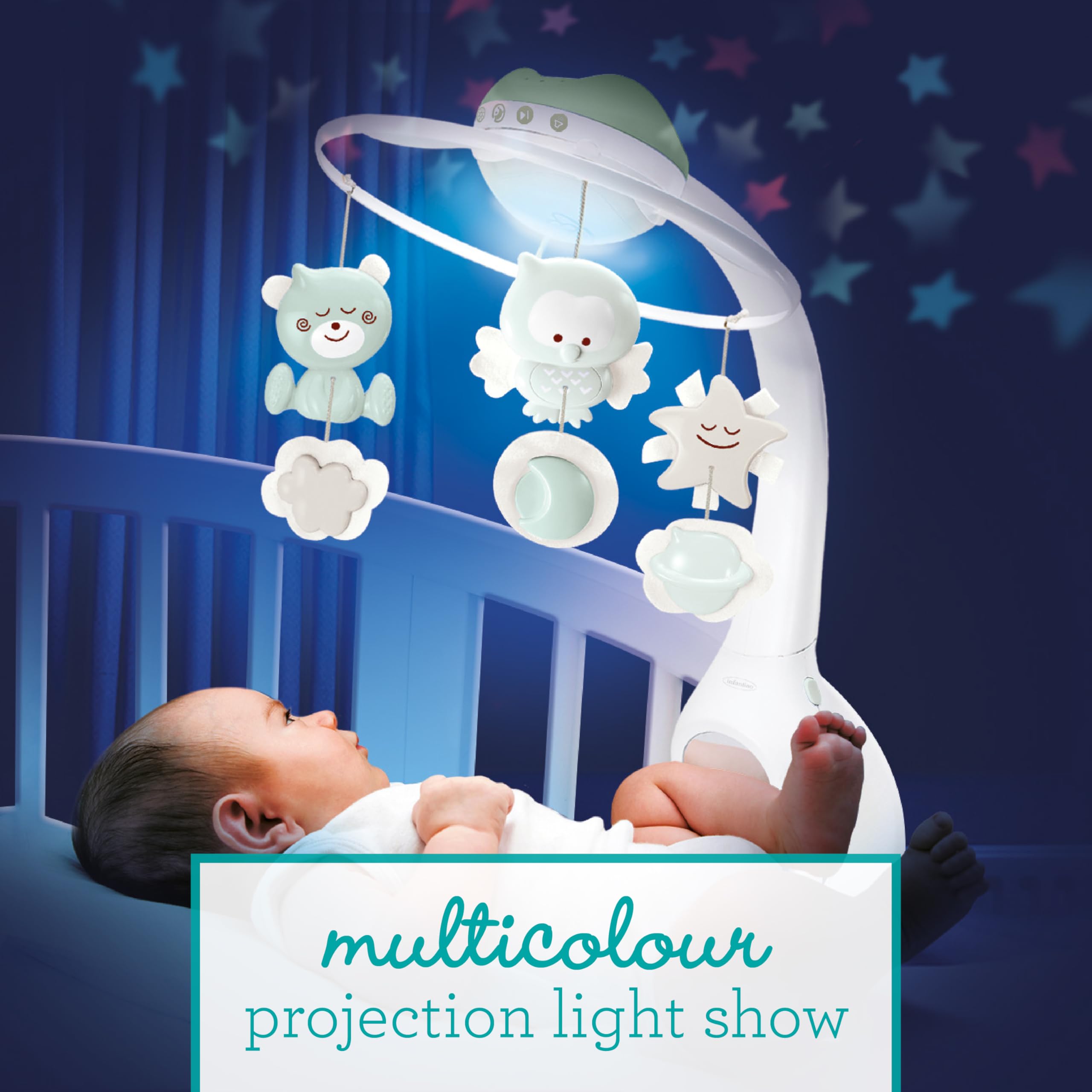 Infantino 3 w 1 Projektor Muzyczny Mobilny, Mobilny Konwertowalny, Projektor Światła z Trybem Budzenia Symulującym Światło Dzienne, Zawiera 6 Melodii i 4 Dźwięki Natury, Sage