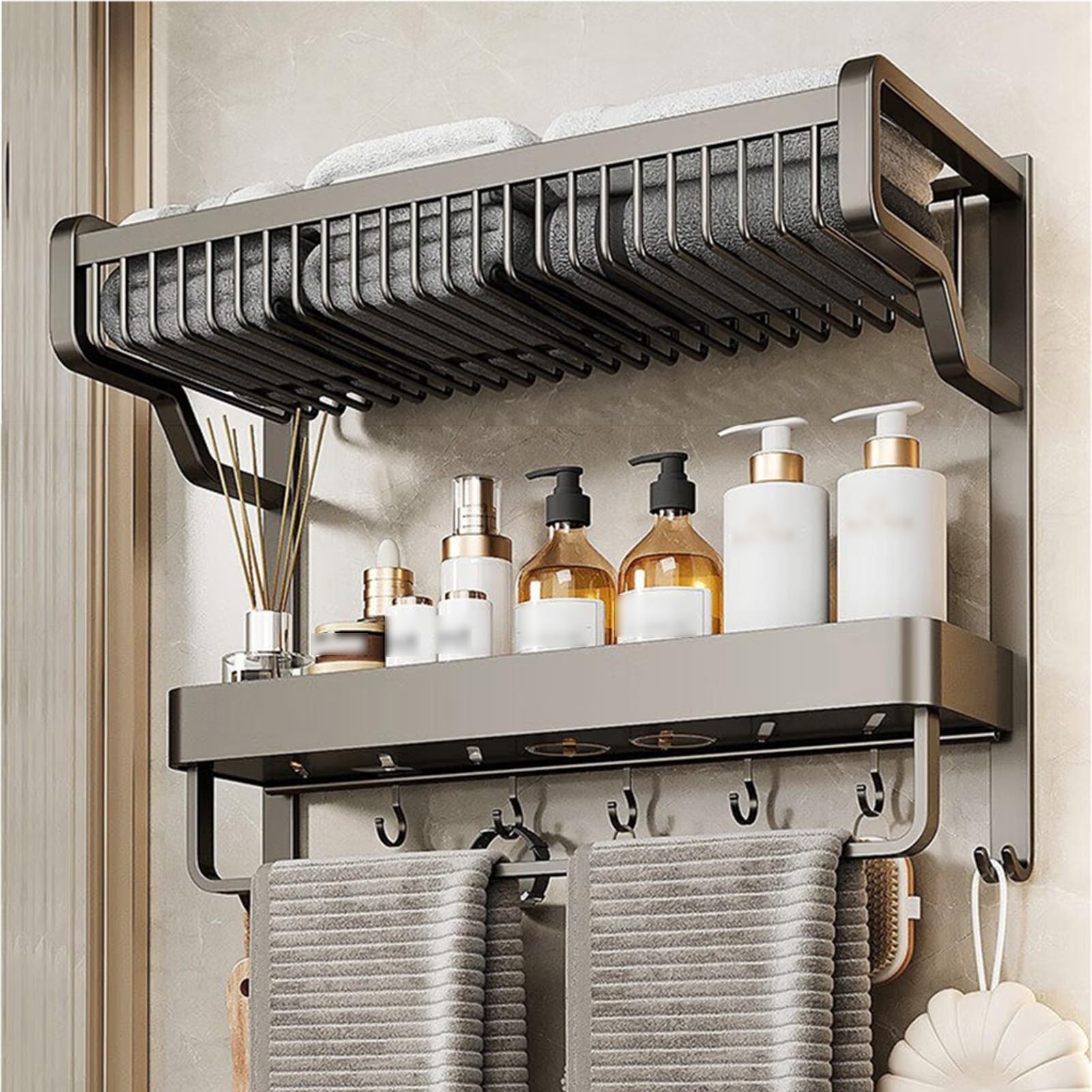 Portasciugamani a 2 ripiani, mensola portasciugamani da parete con ganci mobili, realizzato in alluminio spaziale, per soggiorno, balcone, bagno (L-57 cm)