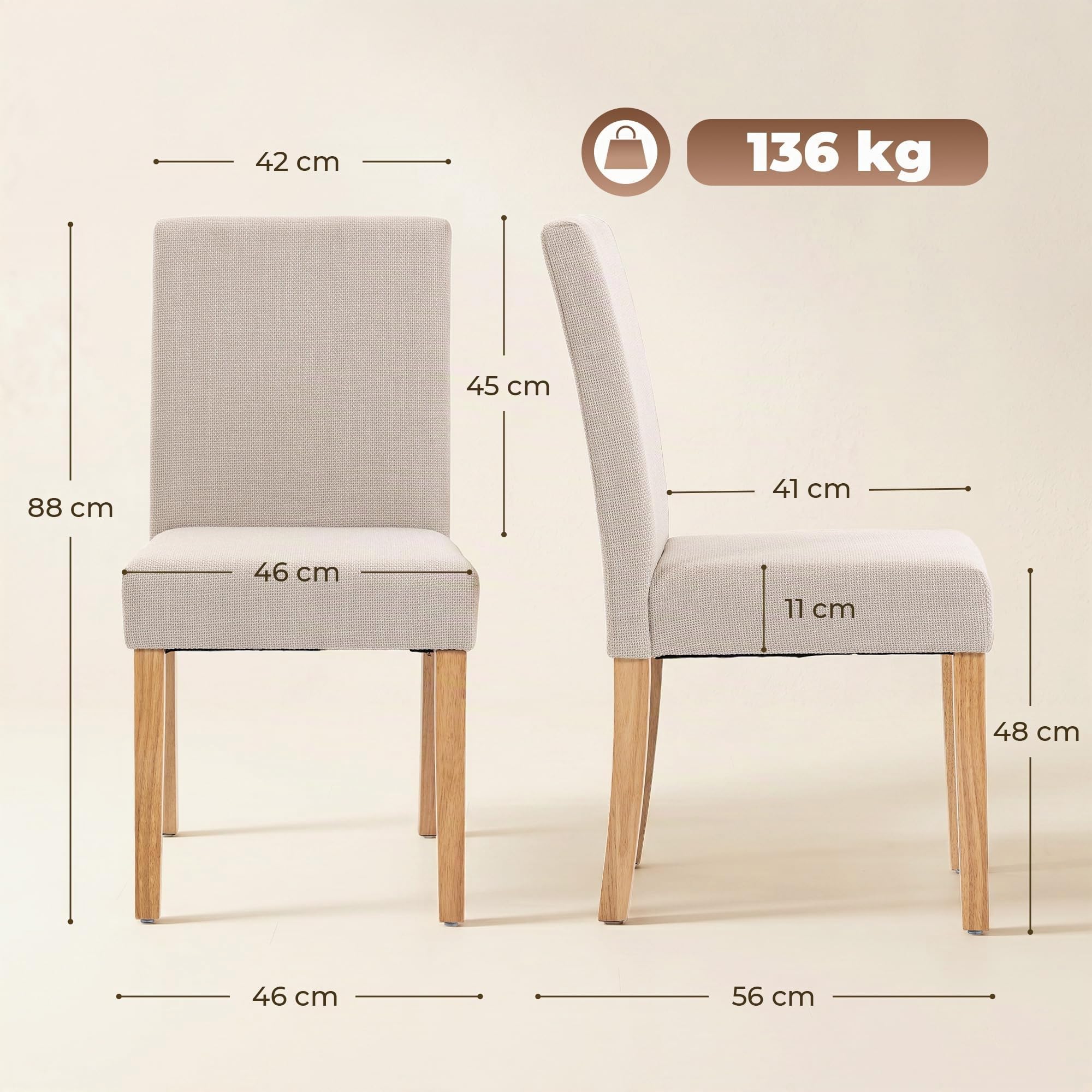 HOMCOM Esszimmerstühle 2er Set Rückenlehne Leinenoptik Essstuhl Cremeweiß | Küchenstuhl, Moderner Polsterstuhl, Kautschukholzbeinen, für Esstisch, Wohnzimmer, Esszimmer