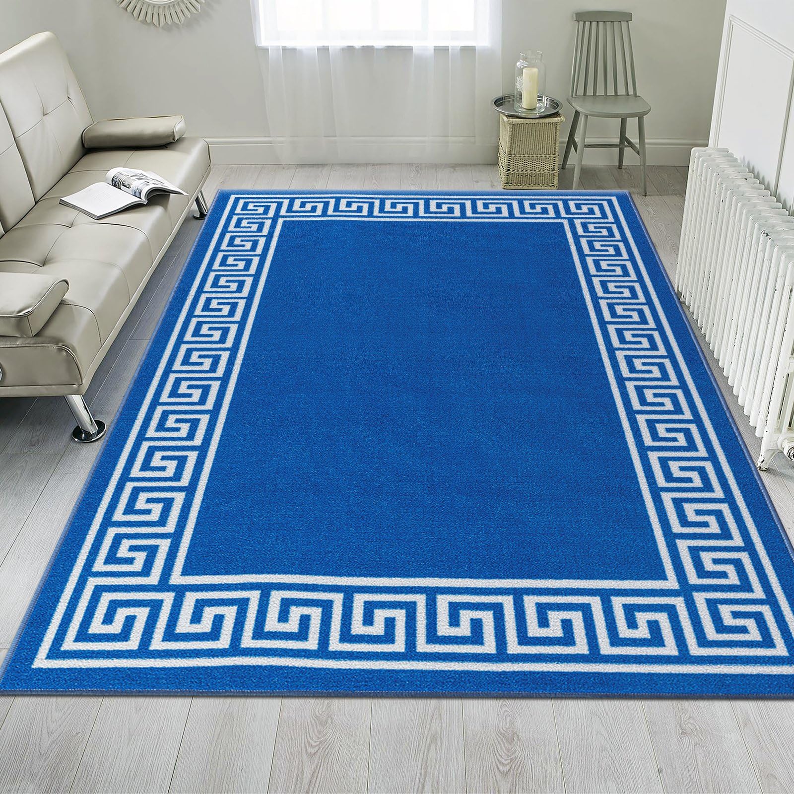 renoazul® Rugs for Living Room with Large Heavy Duty, Non-Slip and Washable, Geometric Non-Shed Low Pile Bedroom Decor, Kitchen and Hallway Anti slip Rug | 160 x 230 cm, Greeky Rug - Blue & Cream — image 1