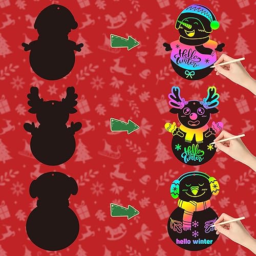 Miniatura 3 de CY2SIDE Juego de 60 tarjetas de rascar de color arcoíris de muñeco de nieve para niños, tarjetas colgantes de muñeco de nieve de invierno para